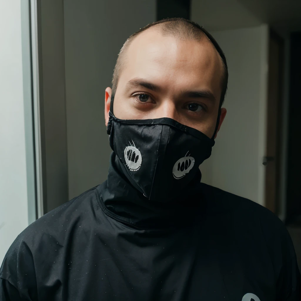 a man wearing scary clothes wearing a whie face mask