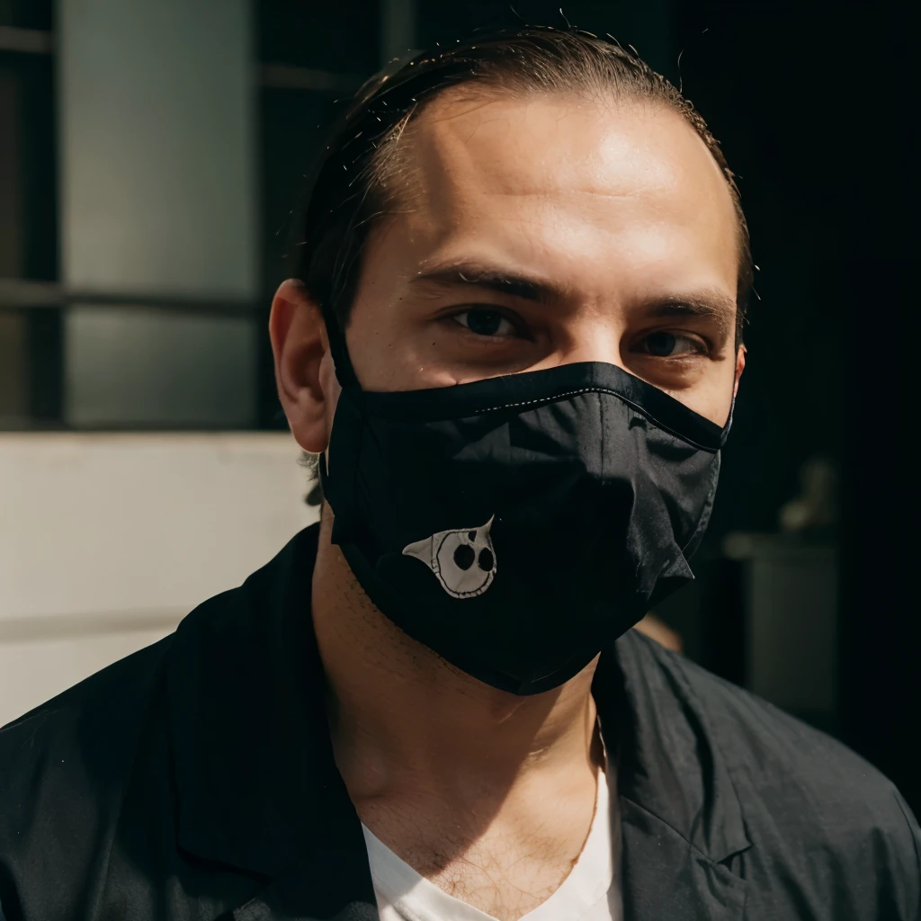 a man wearing scary clothes wearing a whie face mask