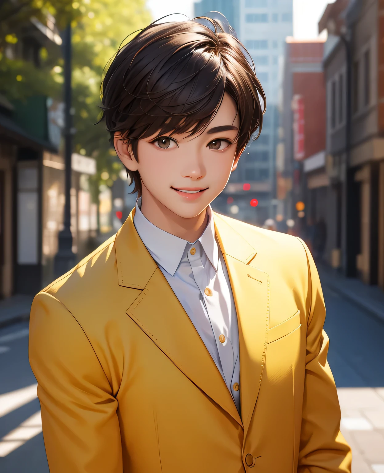masterpiece, best quality, photorealistic, 1boy, solo, male focus, looking at viewer, upper body, yellow suit, brown hair, smile,