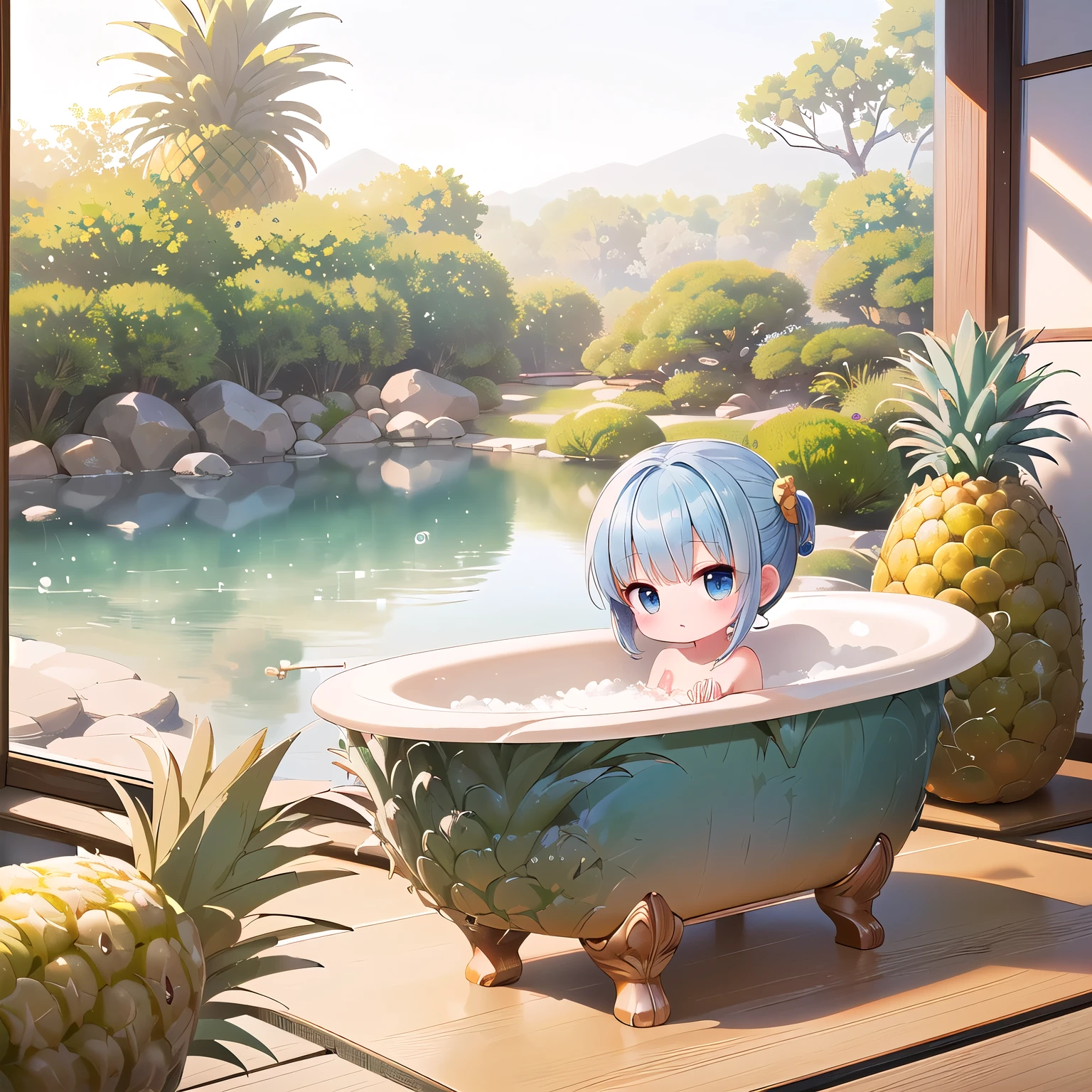 ((Chibi, REAL, small world,Pineapple, 3DCG, 1 girl: 1.3)), (Masterpiece, almond-shaped eyes, glossy white-blue hair, short chignon hair, top quality, meticulously drawn limbs Fingertips, smooth and beautiful skin: 1.3), (red cheeks, fluffy clothes,fluffy skirt,full body,side view: 1.2), (Chibi, serving pineapple,beautiful place:1.2),(small pineapple bath,relaxing, peaceful moment surrounded by small bubbles, The other chibis enter the bath, fruity scent,wrap a bath towel around your body:1.3),(Bathroom with a view of the Japanese garden:1.4)