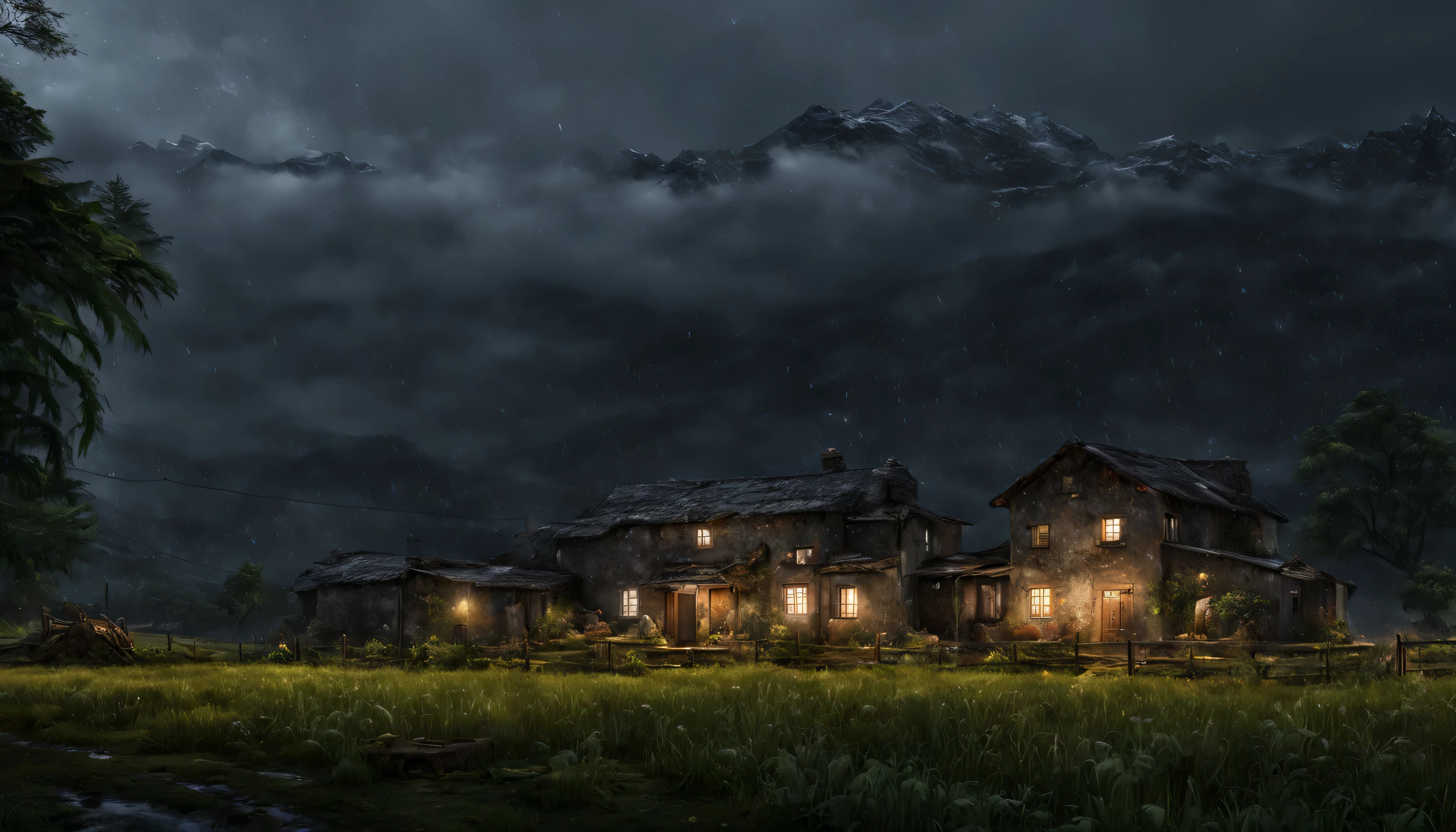 farm house rainy night, mountains, a dream house, night, calm, alone, art, realistic, hyper-realistic, highly detailed, realism, 32k, photography, cinematic, Hyperrealistic, splash art, concept art, fictional environment, mid shot, intricately detailed, colour depth, dramatic, side light, colourful background, beautifully shot, perfect composition