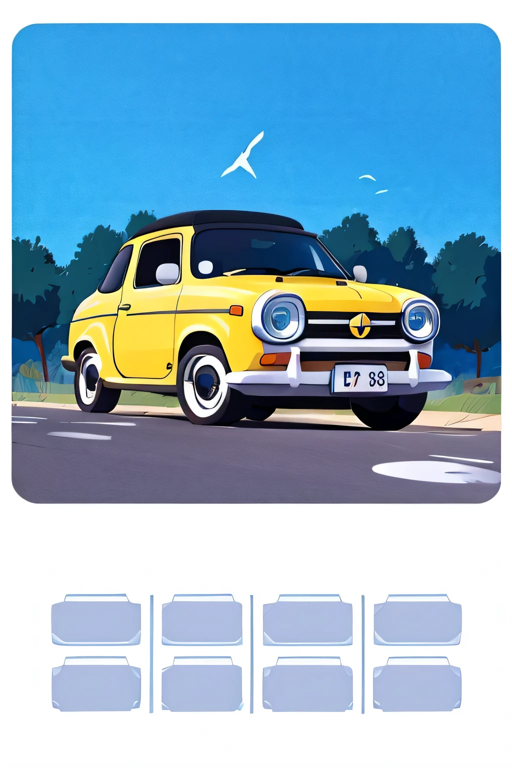 voiture, style bande dessinée, illustration, couleur blanc, #500 FFA et #C8A2C8
