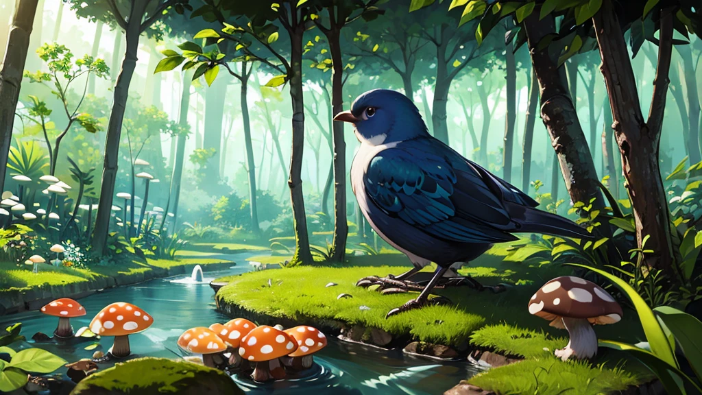 Masterpiece, macro photo of a bird drinking water in the forest, dusk, mushrooms, dewdrops, high contrast, Studio Ghibli style, highly complex, highly detailed, photorealistic style