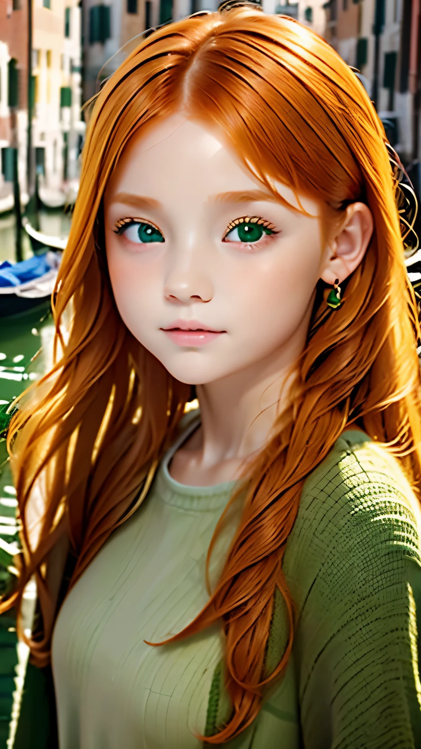 a young girl who has grown up, refined facial features, bright skin, ginger hair hair, gray-green eyes. Against the backdrop of Venice.