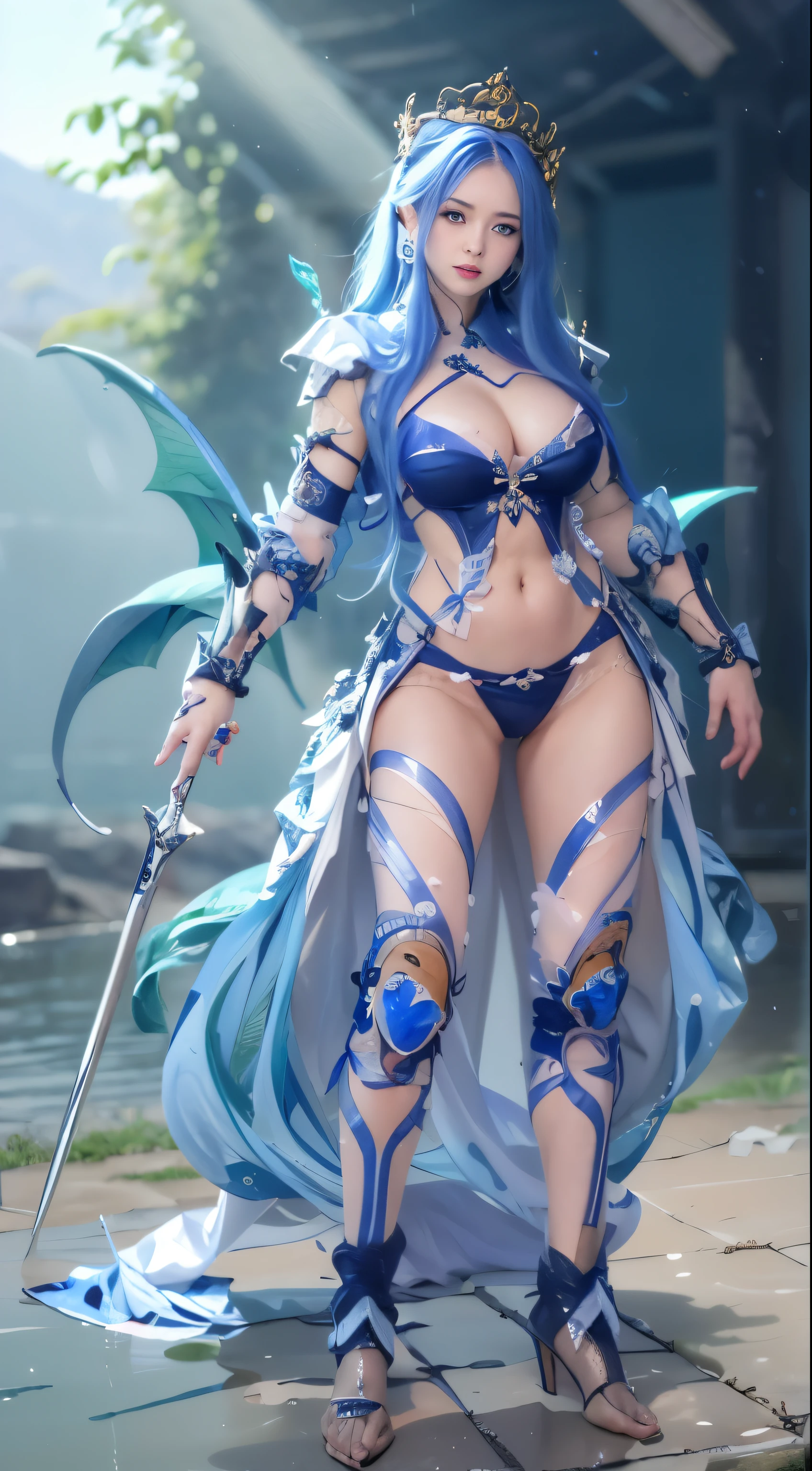 ((4k,masterpiece,best quality)), shuimobysim, Chinese painting, lotus, hanfu, maxiskit, dress open, swf 1girl, solo, long blue hair, smile, standing, feet in the water, barefoot, Body