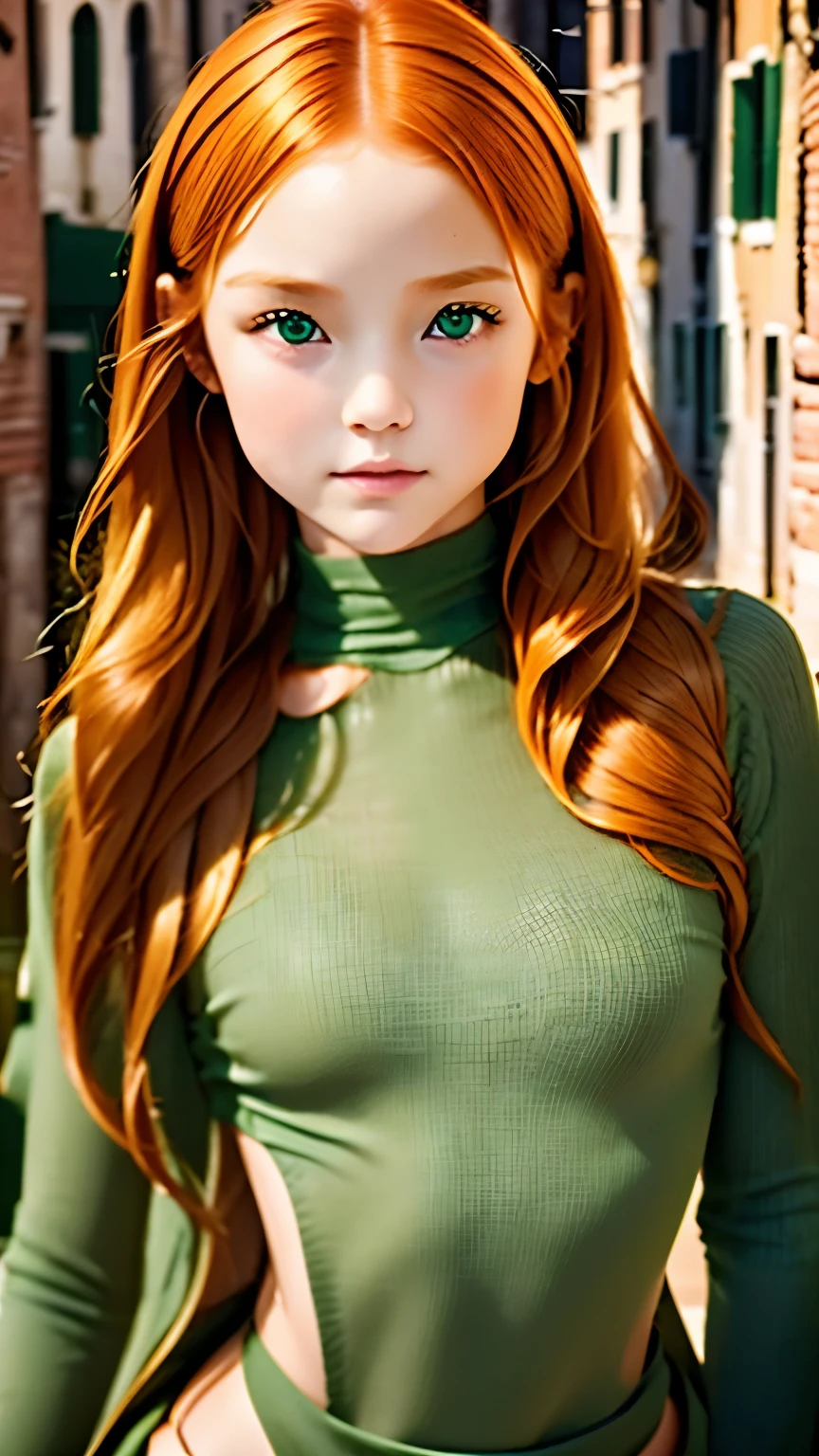 The subject is a young girl who has fully grown from half her body., refined facial features, bright skin, ginger hair hair, gray-green eyes. Against the backdrop of Venice.