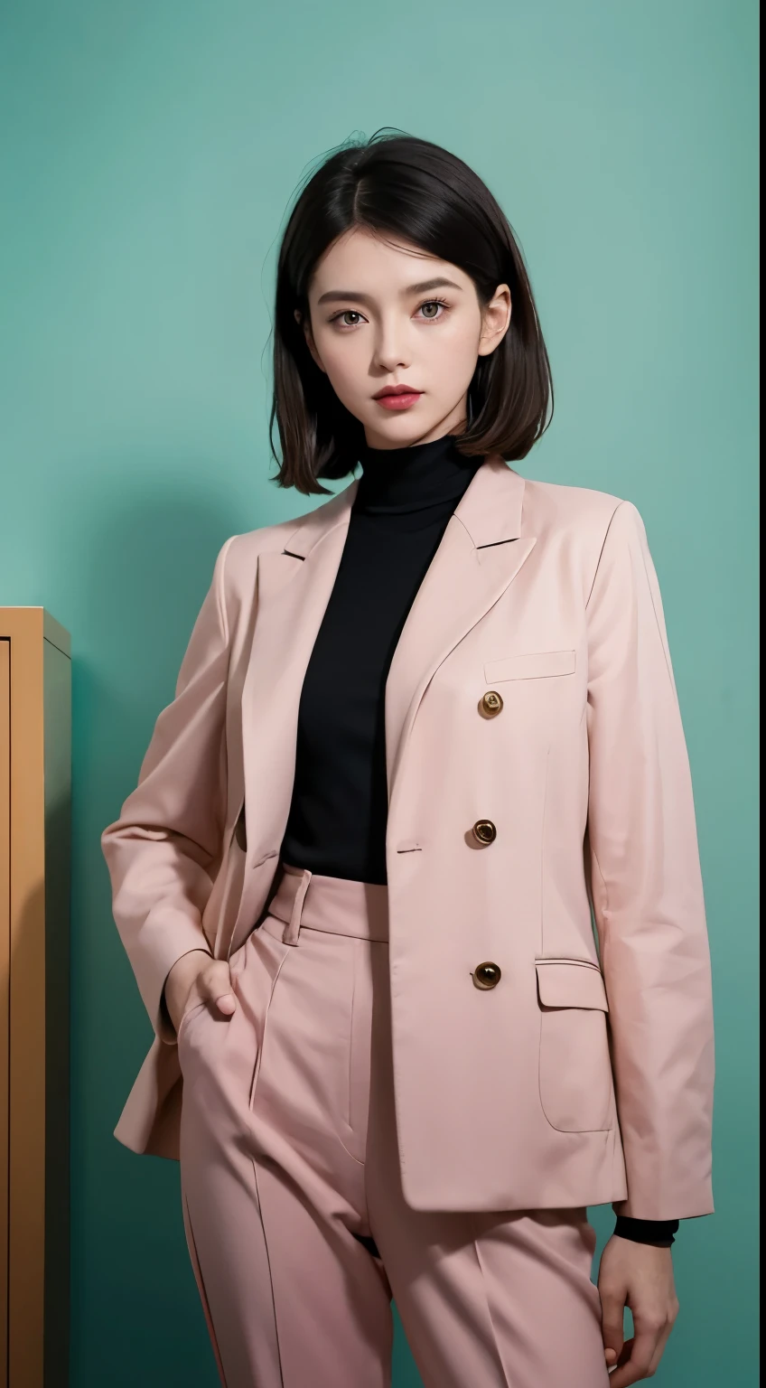 Vogue style photoshoot, Clarity, 4k, 8k, detail, actual, Beautiful Girl, wear dark pastle blazer, inner wear, pastle pants, black lips, dark hair mullet haircut, Perfect body, thigh, stand, pose standing, medium chest, Wes Anderson style, pastle color background in Wes Anderson style
