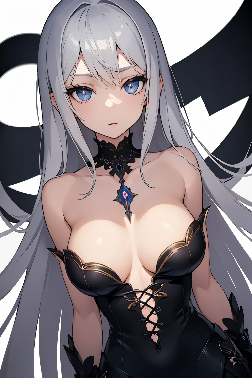 1girl, anime, cute girl, blank background, white background, fantasy, detailed dark fantasy dress with highlights, beautiful face, beautiful eyes, dark colors, silver hair, slightly small breasts, slight cleavage, beautiful skin, cute, breast curtains, extremely delicate and beautiful, (beautiful detailed face:1.0), (detailed deep eyes), symmetrical breasts, deep eyes, shiny skin, portrait, slender waist, hips wider than shoulders, thighs, young girl, expressionless, luminous eyes