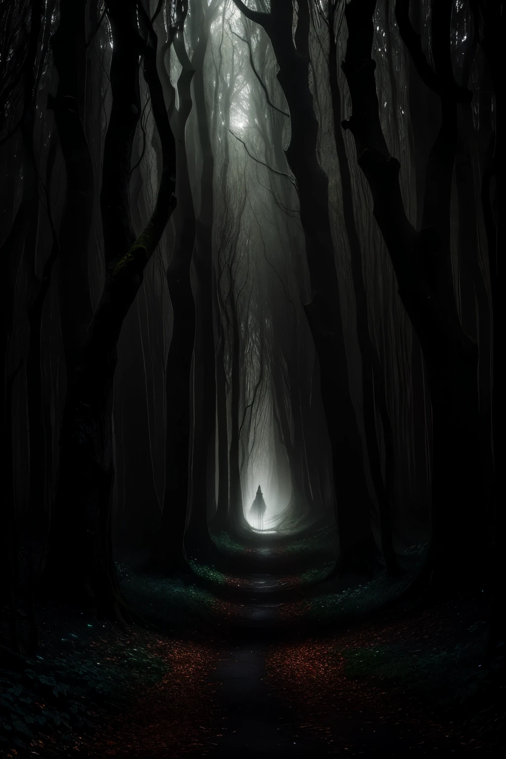(Best quality: 1.2), ultra-detailed, (realistic: 1.37, photorealistic: 1.37, photo-realistic: 1.37), haunted woods, mystical feeling, ominous, enchanted forest, dark shadows, mysterious fog, ancient trees, twisted branches, gloomy atmosphere, ethereal glow, silhouettes of creatures, dappled moonlight, whispering winds, Eldritch magic, haunting spirits, unearthly presence, ghostly apparitions, eerie sounds, crunching leaves underfoot, tangled vines, shimmering mist, enchanted whispers, distant howls,