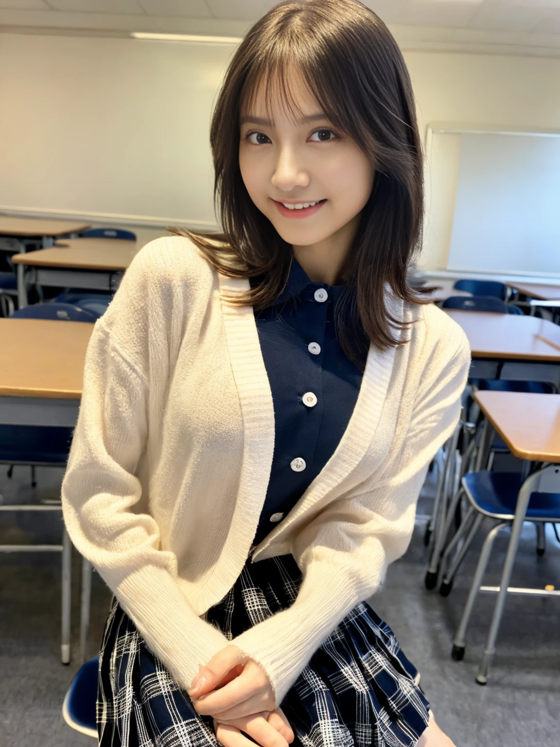 (highest quality images、masterpiece level、ultra high resolution、Detailed image)、(beautiful japanese woman、Has a beautiful body、beautiful breasts、Have a bright smile)、((Uniform appearance,white shirt,ribbon,cardigan,plaid pleated skirt))、(school classroom,blackboard,Chair)、(Detailed image、accurate anatomy、Image without defects、非常にDetailed image、accurate image、perfect image)、(model shoot)