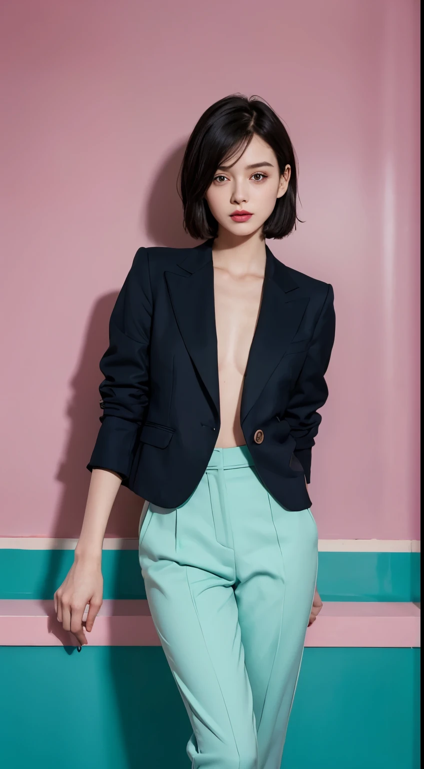 Vogue style photoshoot, Clarity, 4k, 8k, detail, actual, Beautiful Girl, wear dark pastle blazer, inner wear, pastle pants, black lips, dark hair mullet haircut, Perfect body, thigh, stand, pose standing, medium chest, Wes Anderson style, pastle color background in Wes Anderson style