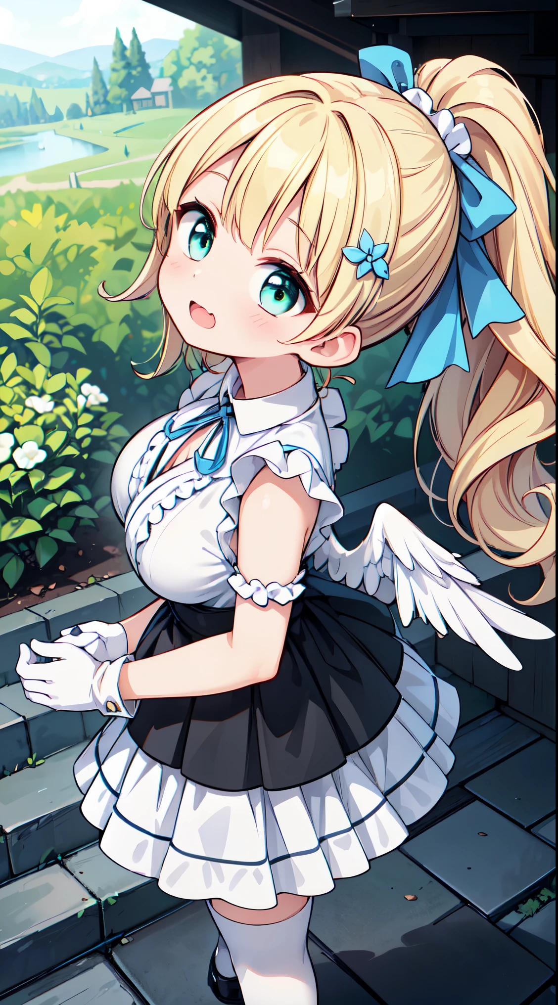 (super fine illustration:1.2),(masterpiece, 8k), (best quality, high quality:1.4), perfect anatomy, hyper detailed, ultra detailed,masterpiece background,beautiful detailed background, v8k wallpaper,perfect design,award-winning art,atmospheric,


BREAK,  1 beautiful girl, girl, (cute:1.5),(Little:0.5),(cute:2.0),(change:2.0),(12 year old girl),(big breasts:1.65),(chin hair,blonde,blue bow,green eyes,Eyebrows visible through the hair,side lock,long hair with bangs parted, hair flower, hair ornaments, big ribbon in hair, curly hair, ponytail:1.6),:he, white feathers, one thin white wing, Ang he wings, spread your wings, shining wings),pit \black},glowing skin, beautiful skin, Shining beautiful skin, open your mouth, bashful smile, alone, tooth, upper teeth,(long eyheashes, double eyheids:1.2),alone, glowing skin, beautiful skin, Shining beautiful skin,(highest quality face),(highest quality shining eyes),

BREAK, (white and black theme:1.4), (fusion of (sleeveless white high neck and collared [crop top]) and (black puff sleeves):1.4), (white tops and black short sleeves:1.2), (wearing a white half apron over a black skirt:1.4), (waist cincher:1.3), (white half apron), ((white maid head-band with ruffles on head, white brim on head):1.3), (white thigh high stockings:1.4), ((white arm warmers, white long glove):1.3), (black heeled pumps:1.2),
BREAK (light-blue theme:1.2), (light-blue lines on skirt:1.3), (light-blue ribbon bow on neck:1.3), standing, field, lake, trees, outdoor




BREAK,wakame,wakame,wakame,(looking up,from front behind:1.5) 

(going up on stairs:1.5),


BREAK,(Blurry background:1.3),(absurderes, hight resolution, Super Detail Art),cel shading,Clear Color, Lonely optical effect, Beautiful pictures, Bright glow, mystic atmosphere,(Close-up of girl:1.1), Mystical light particle effect,manga influence, clean line drawings, 