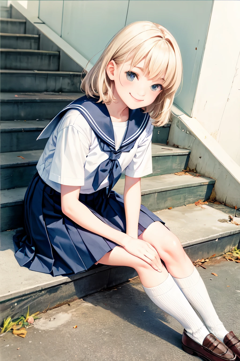 ((masterpiece)), ((Highest quality)),8K,blonde、Short Hair、、Clear blue eyes、mini skirt,Knee-high socks、garden