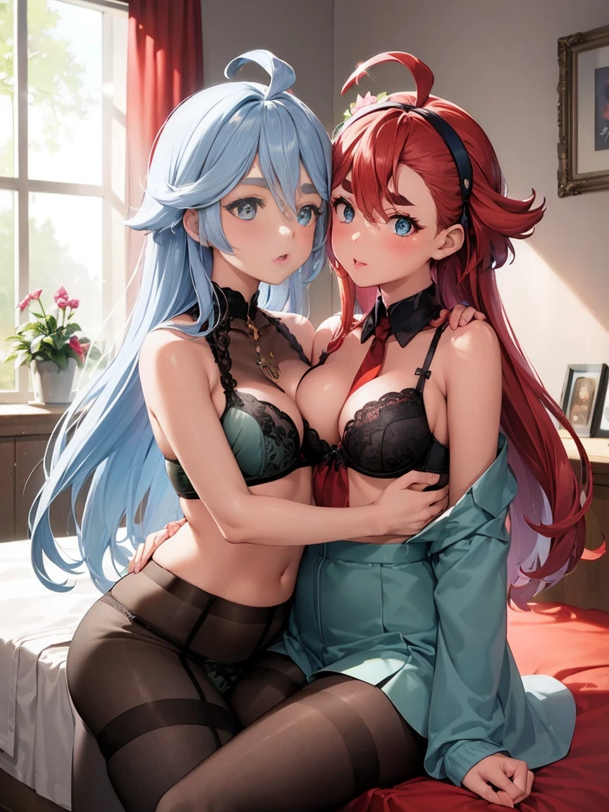 (masterpiece),(highest quality:1.1),(super detailed),best illustrations, (1 girl:1.3)、(Two women kissing),Looking at each other、Thretta Mail、tall、((cute bra、cute panties))、((redhead、Ahoge、blue eyes))、Mioline Remblanc, Asticasia , alone, long hair, gray eyes, gray hair, Ahoge, Legwear with seams, Green shorts, tie, bangs, hair between eyes, black pantyhose, long sleeve, Green jacket, floating hair, red tie、(lily、lesbian、Hugging each other)、(((I'm kissing)))、Western-style room