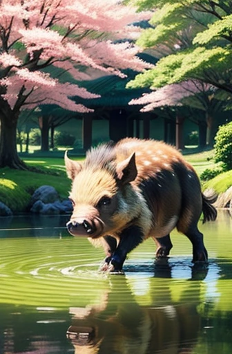 A tiny boar hunting a ball in an beautiful japanese park, sunny day, shiny flowers, birds, green gras, clear water.