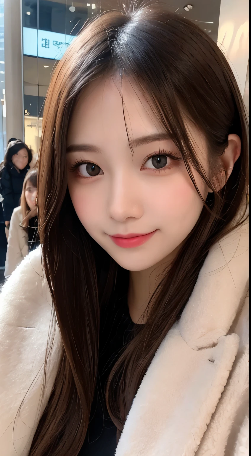 table top, highest quality, shape, Super detailed, finely, High resolution, 8k wallpaper, 完璧なダイナミックな構shape, beautiful and detailed eyes, Gorgeous black fluffy Tokyo winter clothes,ランダムなcute髪,,natural color lip, bold sexy pose,smile、20 year old girl、cute、sexy shot looking at camera,Always blur the background,perfect and beautiful face,Take only the face,beautiful and detailed face、slim face and style,Big eyes、Do gal makeup,small face,Wearing a luxury brand mink coat