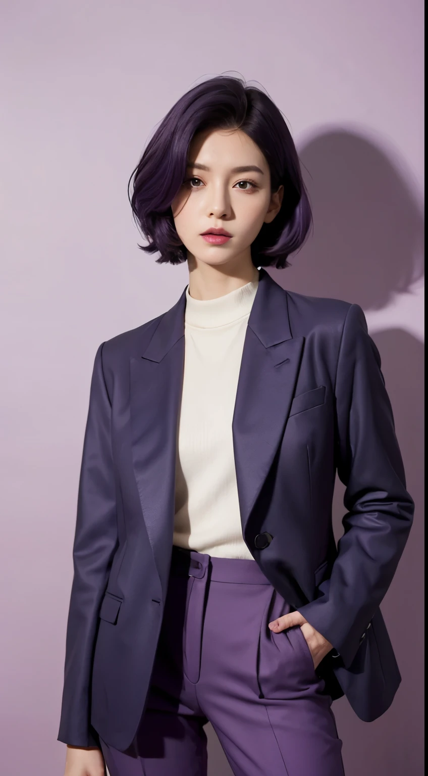 Vogue style photoshoot, Clarity, 4k, 8k, detail, actual, Beautiful Girl, wear dark pastle blazer, inner wear, pastle pants, black lips, dark and purple hair mullet haircut, Perfect body, thigh, stand, pose standing, medium chest, Wes Anderson style, pastle color background in Wes Anderson style
