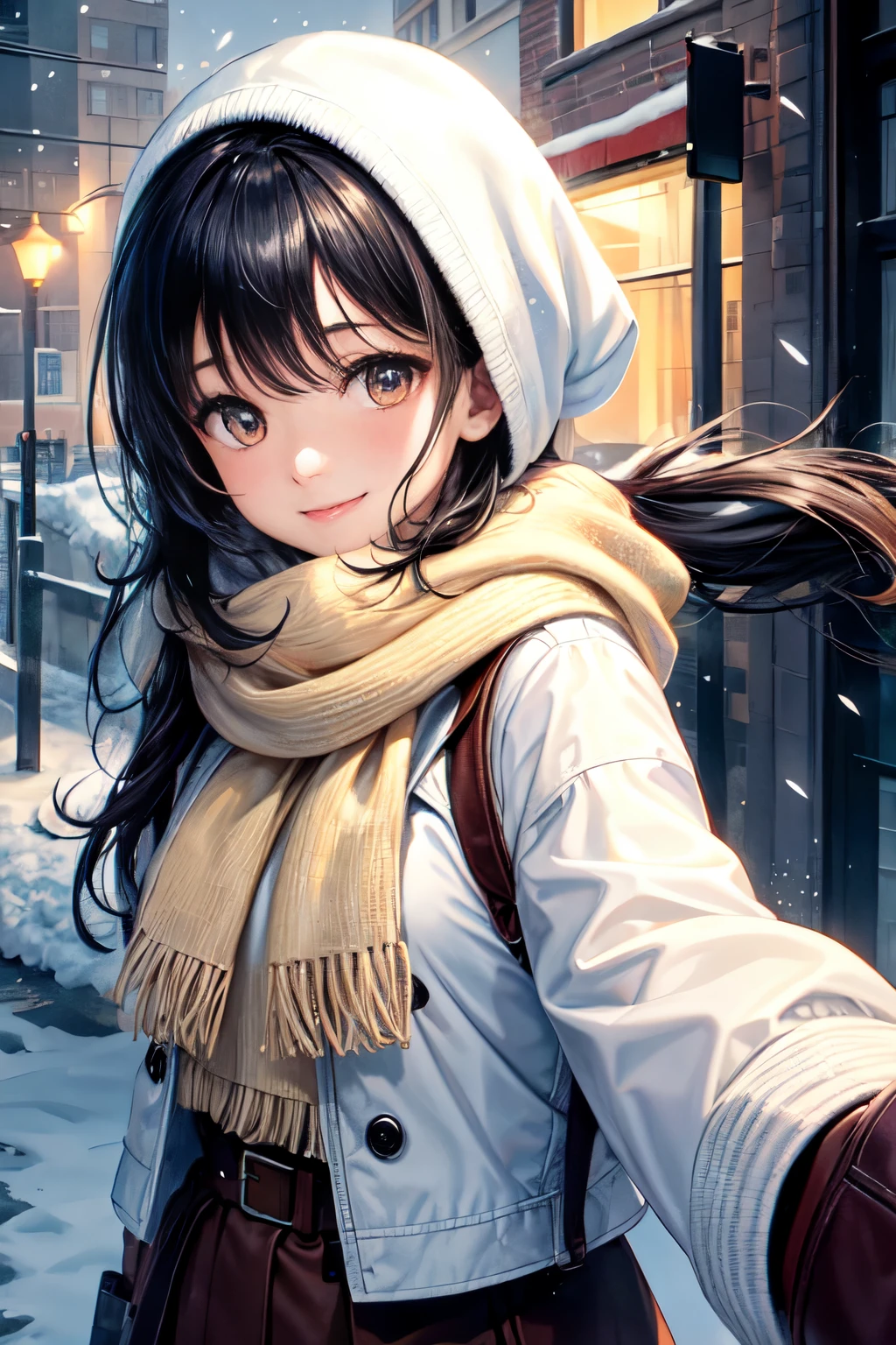 A girl with black hair and brown eyes is standing outside in a snowstorm. She is wearing a white scarf, a jacket, and mittens. She is looking at the viewer with a smile. The image is low quality, blurry, and overexposed. The edges are darkened and there are light rays and lens flares. The flash of the camera is visible on her face and scarf.