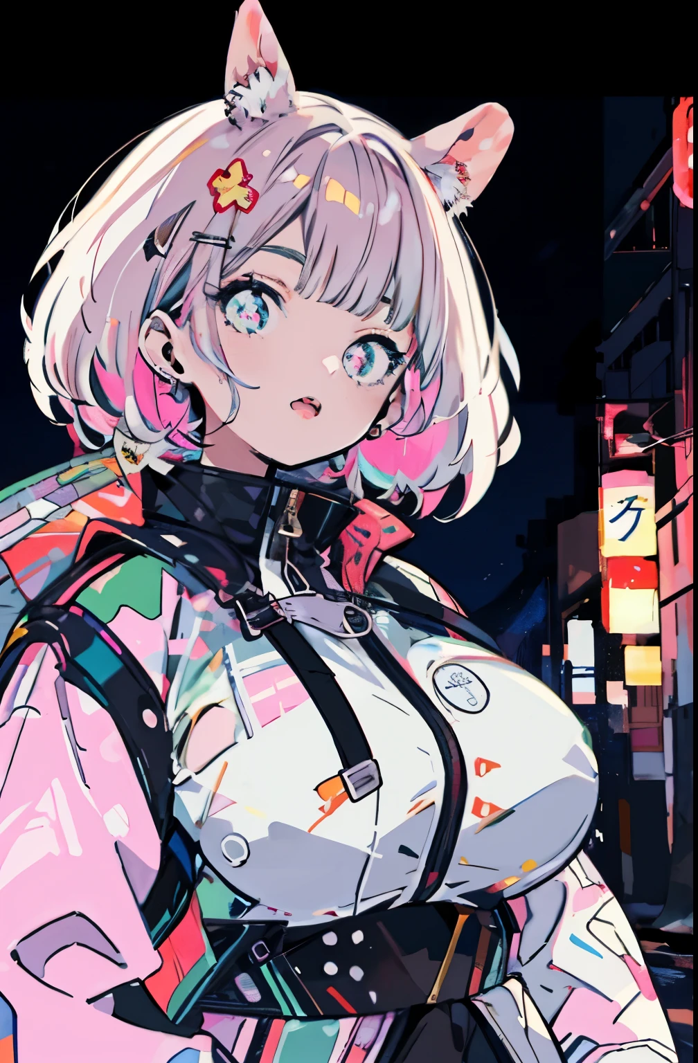 city pop, night, neon light, looking at another, upper body, vector illustration, masterpiece, best quality, ultra detailed, highres, high-resolution, highly detailed, super detailed skin, detailed beautiful eyes, (detailed beautiful face), highly detailed background, 10 japanese girls, 18 years old, (open mouth:1.2), full body, plump body, huge breasts, thin waist, big hip, (wearing a loincloth and bra over naked:1.2)
