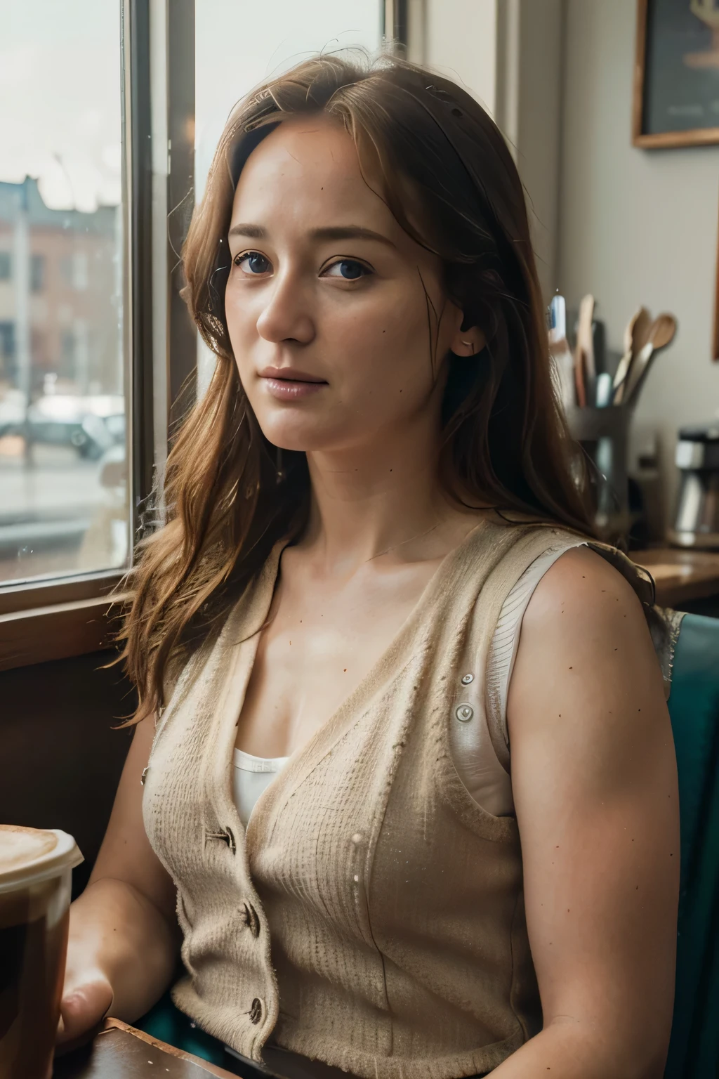 ((Jennifer Ehle)), (masterpiece, best quality, high resolution:1.4), woman, (((aged 25))), (((in a coffee shop, low cut vest top))), coffee shop, coffee, ((sunlight)), natural smile, skin pores texture, goosebumps, light brown hair, HD , Photography, movie, cinematic, Realistic, (8k, RAW photo, best quality, masterpiece:1.2), (realistic, photo-realistic:1.33), best quality, eyes blue, natural lighting, depth of field, ((long distance shot, full body)), film grain, wrinkled skin, sharp, detailed, (freckles:0.5)