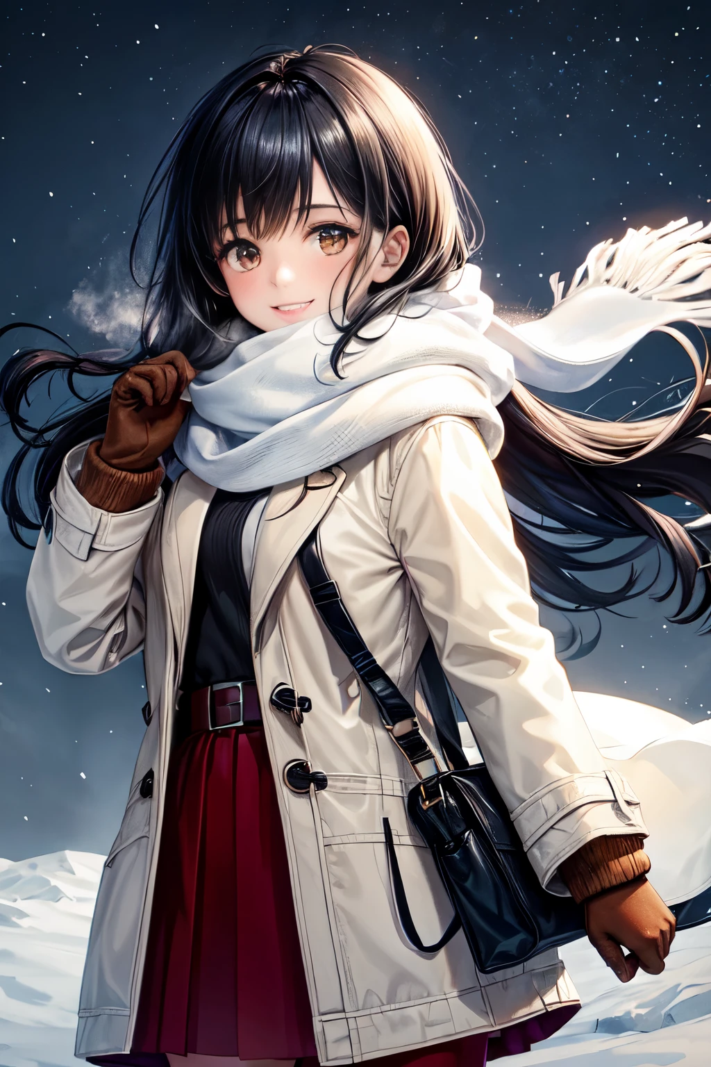 A girl with black hair and brown eyes is standing outside in a snowstorm. She is wearing a white scarf, a jacket, and mittens. She is looking at the viewer with a smile. The image is low quality, blurry, and overexposed. The edges are darkened and there are light rays and lens flares. The flash of the camera is visible on her face and scarf.