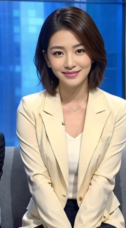 The highest image quality、超高分辨率、1 girl in、Beautiful face、Short hair details､The announcer wears a tight long-sleeved suit、Sit in the studio, Charmaine Yu