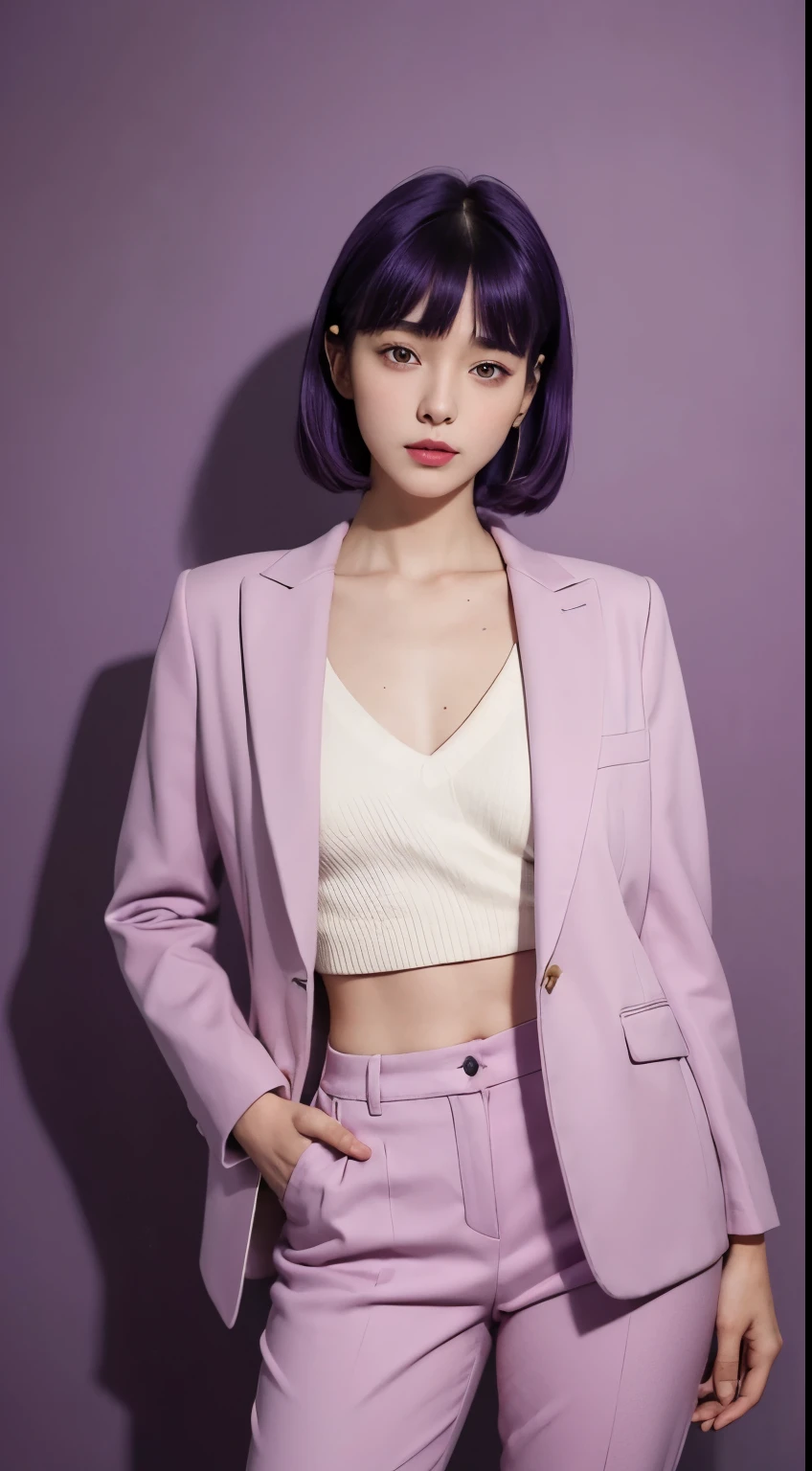 Vogue style photoshoot, Clarity, 4k, 8k, detail, actual, Beautiful Girl, wear dark pastle blazer, inner wear, pastle pants, black lips, dark and purple hair mullet haircut, Perfect body, thigh, stand, pose standing, medium chest, Wes Anderson style, pastle color background in Wes Anderson style