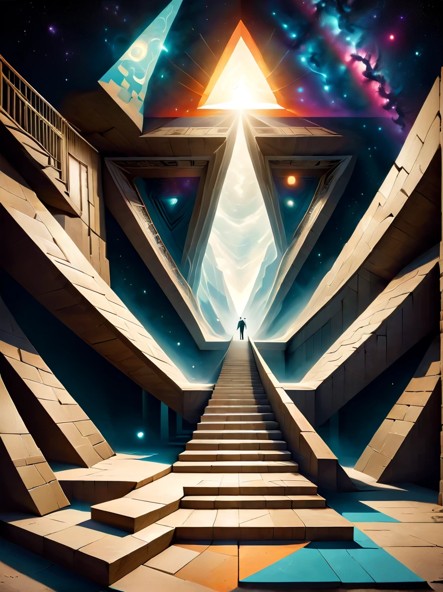 Create two images featuring optical illusions. The first image should include a classic impossible triangle, creating a visual paradox that challenges perception. The second image should be a play of perspective, where stairs seem to ascend and descend simultaneously, leading nowhere and everywhere. Both images should be designed to intrigue and confuse the viewer, using a combination of geometric shapes, lines, and contrasting colors to enhance the illusionary effect. These optical illusions should be visually striking and mind-bending, capturing the essence of visual trickery.