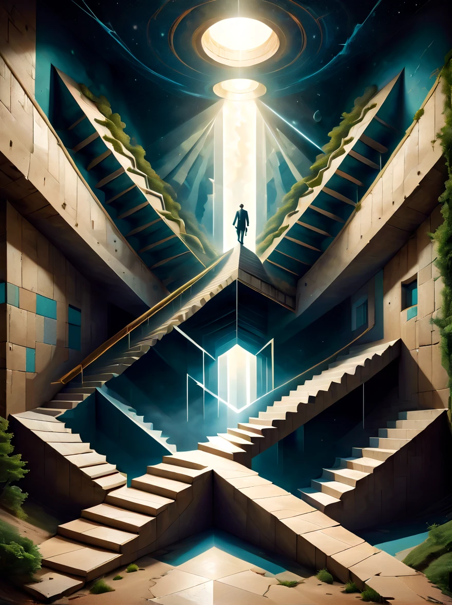 Create two images featuring optical illusions. The first image should include a classic impossible triangle, creating a visual paradox that challenges perception. The second image should be a play of perspective, where stairs seem to ascend and descend simultaneously, leading nowhere and everywhere. Both images should be designed to intrigue and confuse the viewer, using a combination of geometric shapes, lines, and contrasting colors to enhance the illusionary effect. These optical illusions should be visually striking and mind-bending, capturing the essence of visual trickery.