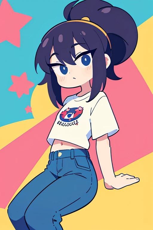 Garota por volta de , cabelos brancos, olhos azuis, uma camisa bem grande, ultilizando um short jeans