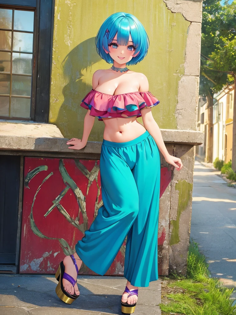 masterpiece, highest quality, Super detailed, Super beautiful girl,(Palazzo pants, Fit crop top, platform sandals),(Rem,Re:zero)(blue hair),(short hair),(big breasts),(shoulder),(belly button)big and bright eyes,Cool feeling,vintage style,Desaturated colors,Mottled texture,front view,smile,