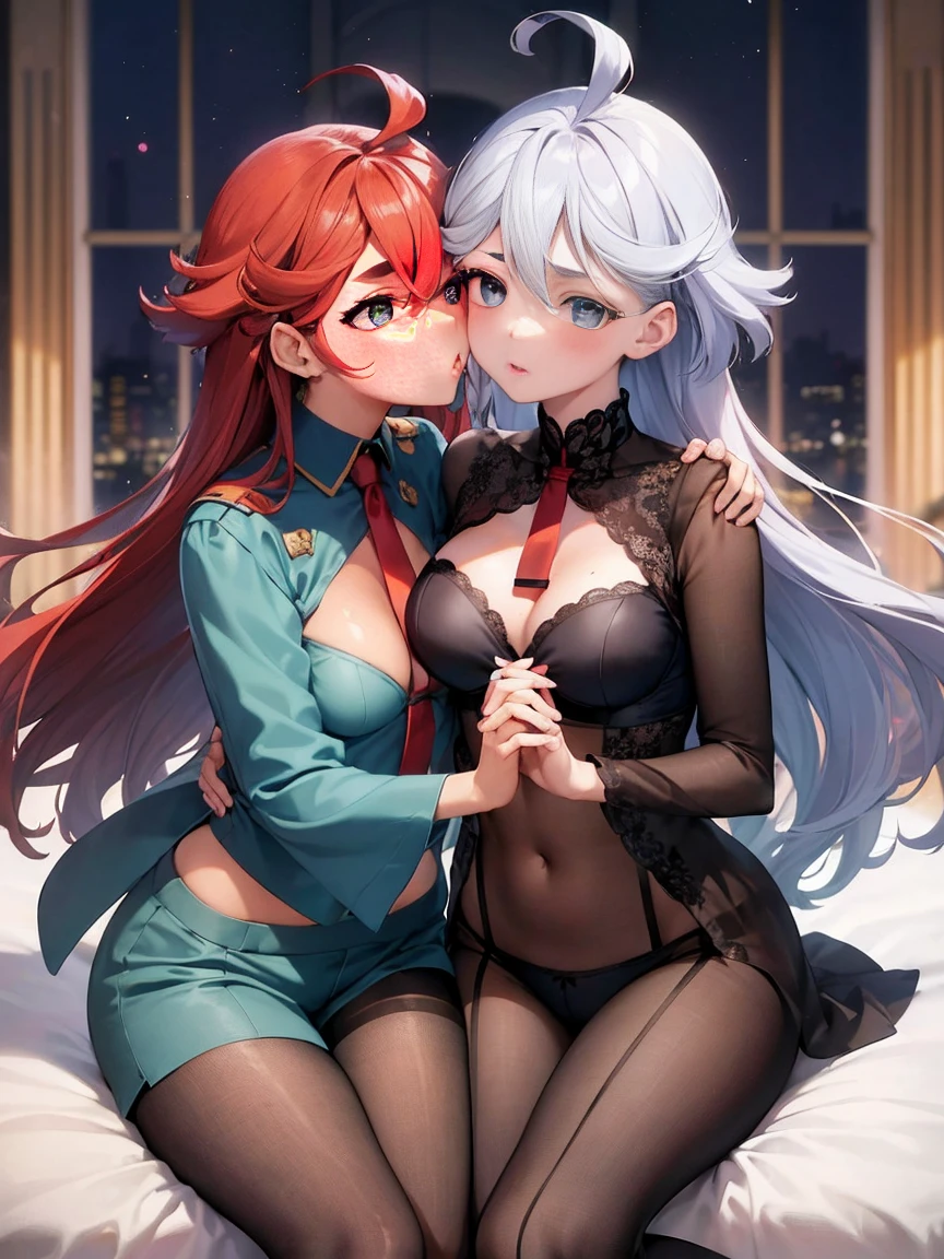 (masterpiece),(highest quality:1.1),(super detailed),best illustrations, (1 girl:1.3)、(Two women kissing)、(touch each other&#39;s tongues),Looking at each other、Thretta Mail、tall、((cute bra、cute panties))、((redhead、Ahoge、blue eyes))、Mioline Remblanc, Asticasia , alone, long hair, gray eyes, gray hair, Ahoge, Legwear with seams, Green shorts, tie, bangs, hair between eyes, black pantyhose, long sleeve, Green jacket, floating hair, red tie、(lily、lesbian、Hugging each other)、(((I'm kissing)))、Western-style room