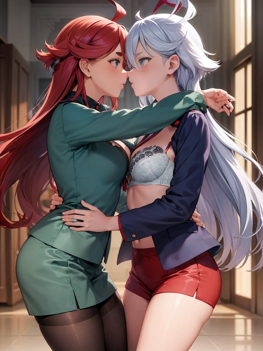 (masterpiece),(highest quality:1.1),(super detailed),best illustrations, (1 girl:1.3)、(Two women kissing)、(touch each other's tongues),Looking at each other、Thretta Mail、tall、((cute bra、cute panties))、((redhead、Ahoge、blue eyes))、Mioline Remblanc, Asticasia , alone, long hair, gray eyes, gray hair, Ahoge, Legwear with seams, Green shorts, tie, bangs, hair between eyes, black pantyhose, long sleeve, Green jacket, floating hair, red tie、(lily、lesbian、Hugging each other)、(((I'm kissing)))、Western-style room