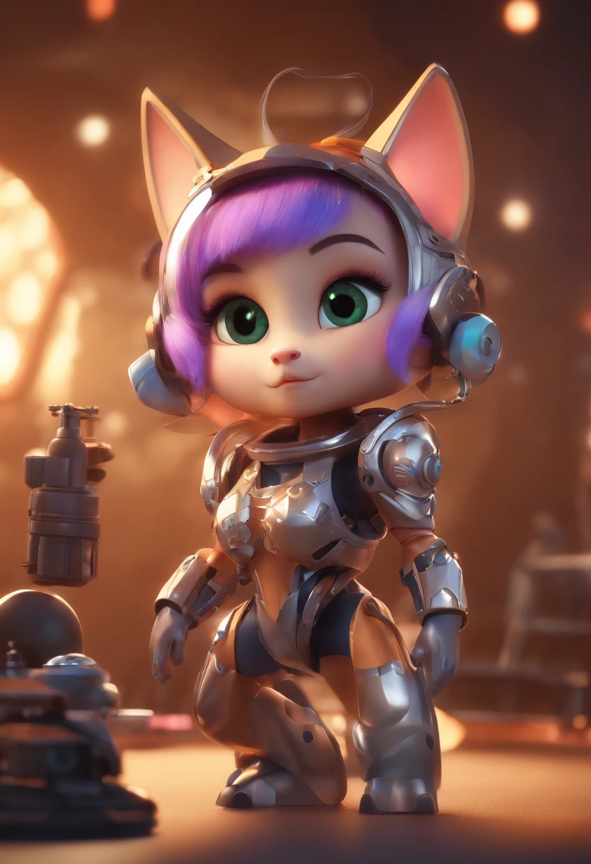 small pussy,,Magic, personification,upper body length,short legs, equip yourself with futuristic machines,carry mechanical weapons, The background is a colorful universe. Pixar Animation, funky blind box, OC render, ray tracing, high quality, high detail, High resolution, 8K, Bust Size, ApeBond written on clothes