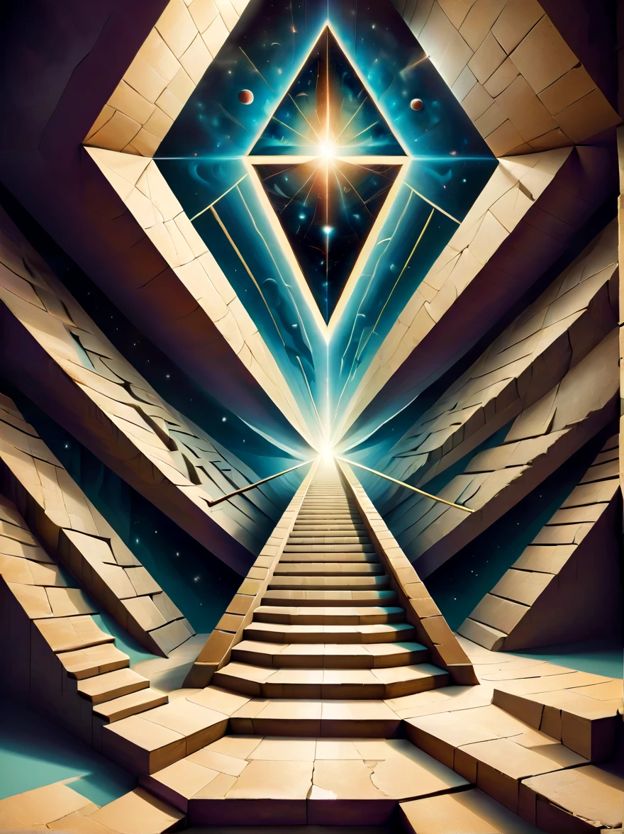 Create two images featuring optical illusions. The first image should include a classic impossible triangle, creating a visual paradox that challenges perception. The second image should be a play of perspective, where stairs seem to ascend and descend simultaneously, leading nowhere and everywhere. Both images should be designed to intrigue and confuse the viewer, using a combination of geometric shapes, lines, and contrasting colors to enhance the illusionary effect. These optical illusions should be visually striking and mind-bending, capturing the essence of visual trickery.