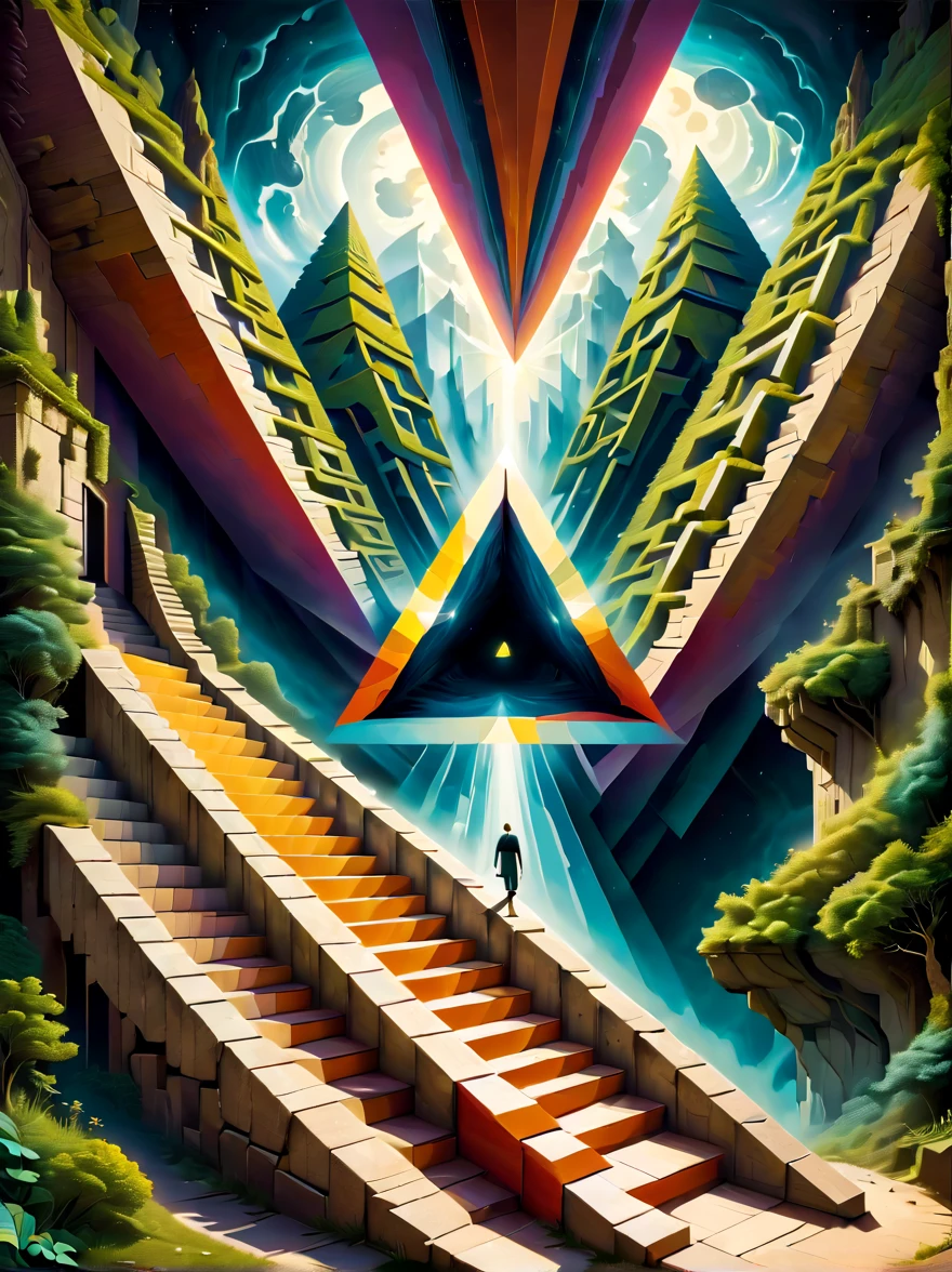 Create two images featuring optical illusions. The first image should include a classic impossible triangle, creating a visual paradox that challenges perception. The second image should be a play of perspective, where stairs seem to ascend and descend simultaneously, leading nowhere and everywhere. Both images should be designed to intrigue and confuse the viewer, using a combination of geometric shapes, lines, and contrasting colors to enhance the illusionary effect. These optical illusions should be visually striking and mind-bending, capturing the essence of visual trickery.