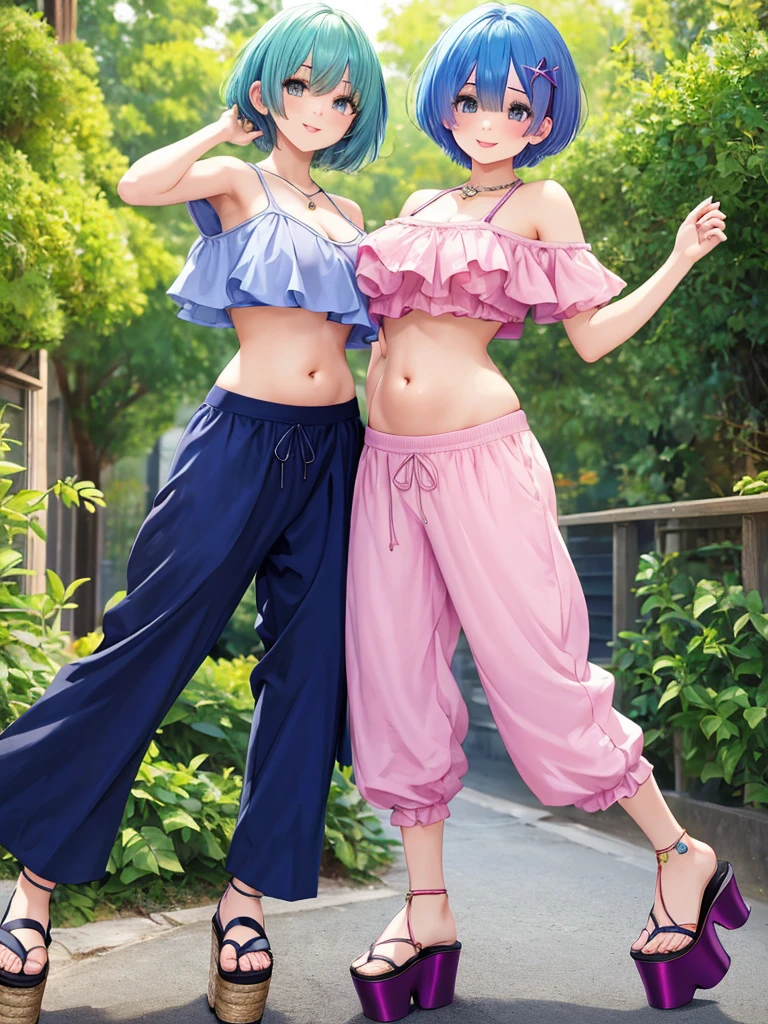 masterpiece, highest quality, Super detailed, Super beautiful girl,(Palazzo pants, Fit crop top, platform sandals),(Rem,Re:zero)(blue hair),(short hair),(big breasts),(shoulder),(belly button),big and bright eyes,Cool feeling,vintage style,front view,smile,