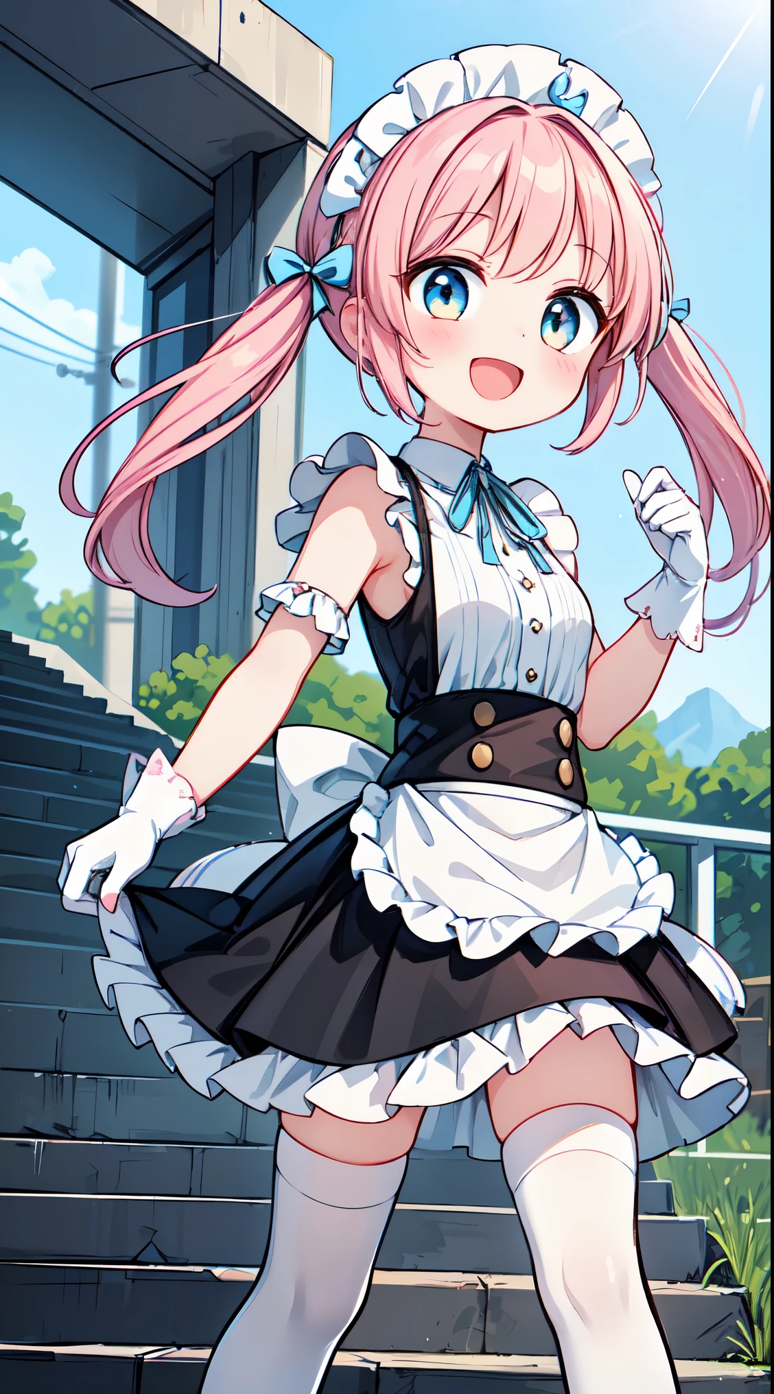 (super fine illustration:1.2),(masterpiece, 8k), (best quality, high quality:1.4), perfect anatomy, hyper detailed, ultra detailed,masterpiece background,beautiful detailed background, v8k wallpaper,perfect design,award-winning art,atmospheric,


BREAK,   1 beautiful girl, Solo,(Cute:1.5),(Chibi:0.8), (kawaii:1.5),(:0.5), BREAK, (girl, Cute, Cheerful, face, medium breasts:1.2),(Pink hair,disheveled short twin tails,tareme,Gold eyes:1.2),gleaming skin,Clear skin, cleavage of the breast,Beautiful , gleaming skin,Clear skin, Beautiful skin,( A smile:1.5),(best quality face),(Top quality glowing eyes),(The best smile,:D:1.45),

BREAK, (white and black theme:1.4), (fusion of (sleeveless white high neck and collared [crop top]) and (black puff sleeves):1.4), (white tops and black short sleeves:1.2), (wearing a white half apron over a black skirt:1.4), (waist cincher:1.3), (white half apron), ((white maid head-band with ruffles on head, white brim on head):1.3), (white thigh high stockings:1.4), ((white arm warmers, white long glove):1.3), (black heeled pumps:1.2),
BREAK (light-blue theme:1.2), (light-blue lines on skirt:1.3), (light-blue ribbon bow on neck:1.3), standing, field, lake, trees, outdoor




BREAK,wakame,wakame,wakame,(looking up,from front behind:1.5) 

(going up on stairs:1.5),


BREAK,(Blurry background:1.3),(absurderes, hight resolution, Super Detail Art),cel shading,Clear Color, Lonely optical effect, Beautiful pictures, Bright glow, mystic atmosphere,(Close-up of girl:1.1), Mystical light particle effect,manga influence, clean line drawings, 