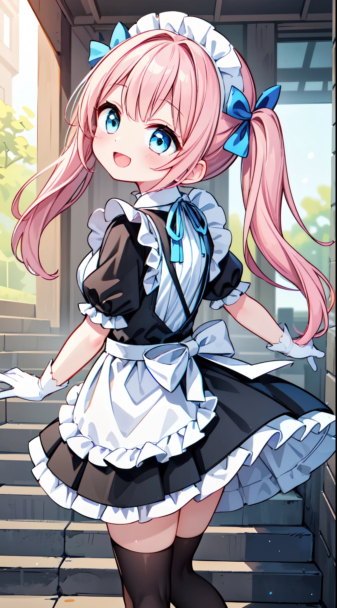 (super fine illustration:1.2),(masterpiece, 8k), (best quality, high quality:1.4), perfect anatomy, hyper detailed, ultra detailed,masterpiece background,beautiful detailed background, v8k wallpaper,perfect design,award-winning art,atmospheric,


BREAK,   1 beautiful girl, Solo,(Cute:1.5),(Chibi:0.8), (kawaii:1.5),(:0.5), BREAK, (girl, Cute, Cheerful, face, medium breasts:1.2),(Pink hair,disheveled short twin tails,tareme,Gold eyes:1.2),gleaming skin,Clear skin, cleavage of the breast,Beautiful , gleaming skin,Clear skin, Beautiful skin,( A smile:1.5),(best quality face),(Top quality glowing eyes),(The best smile,:D:1.45),

BREAK, (white and black theme:1.4), (fusion of (sleeveless white high neck and collared [crop top]) and (black puff sleeves):1.4), (white tops and black short sleeves:1.2), (wearing a white half apron over a black skirt:1.4), (waist cincher:1.3), (white half apron), ((white maid head-band with ruffles on head, white brim on head):1.3), (white thigh high stockings:1.4), ((white arm warmers, white long glove):1.3), (black heeled pumps:1.2),
BREAK (light-blue theme:1.2), (light-blue lines on skirt:1.3), (light-blue ribbon bow on neck:1.3), standing, field, lake, trees, outdoor




BREAK,wakame,wakame,wakame,(looking up,from front behind:1.5) 

(going up on stairs:1.5),


BREAK,(Blurry background:1.3),(absurderes, hight resolution, Super Detail Art),cel shading,Clear Color, Lonely optical effect, Beautiful pictures, Bright glow, mystic atmosphere,(Close-up of girl:1.1), Mystical light particle effect,manga influence, clean line drawings, 