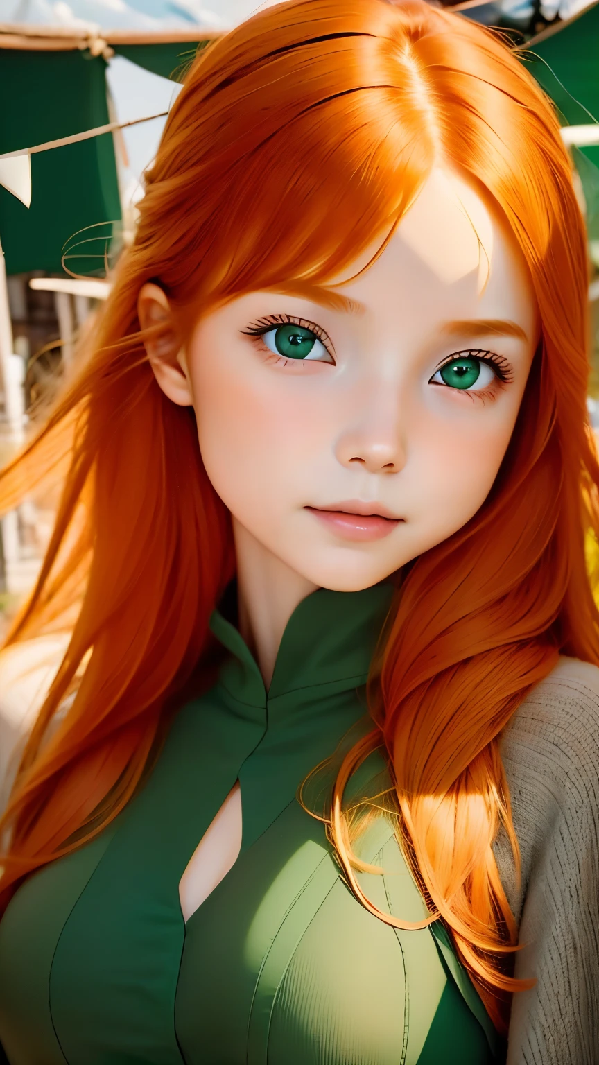 The subject is the upper body、young girl, refined facial features, bright skin, ginger hair hair, gray-green eyes. Against the backdrop of Venice:1.5.