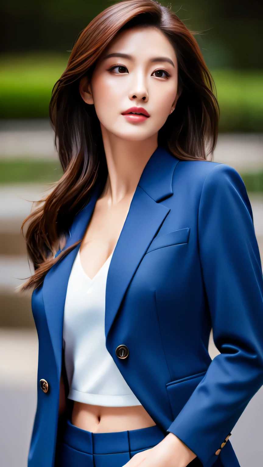 Hyper-Realism, (Photorealsitic:1.4), 8K, maximum resolution, (​masterpiece), highly detailed, Professional, best quality, Refined face, beautiful woman, detailed beautiful eyes and lip, beautiful face, idol face, (full body:1.3), (whole body:1.3), Business suit, sharp figure, long straight hair, serious expression