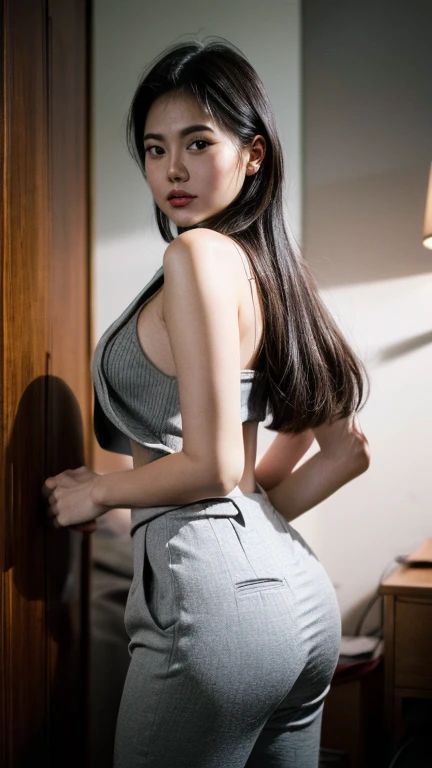 (Best quality, 8k, 32k, Masterpiece, UHD:1.2), 1girl, beautiy Japanese woman, narrow waist, grey suit, white shirt, office lady, suit, pants, from behind, office room, desk,  (stick out one's buttocks:1.2), detailed face, short hair,