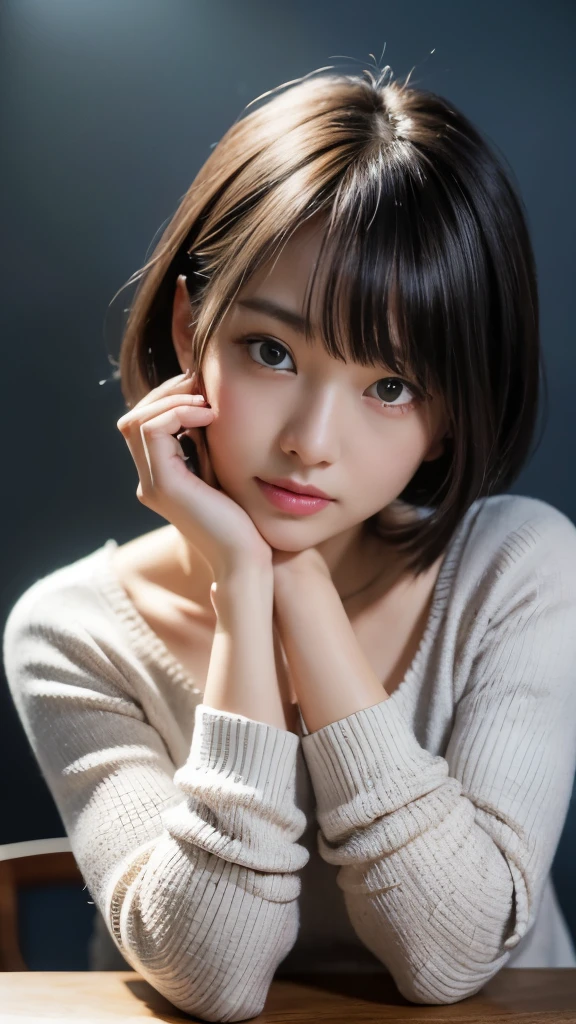 (Highly detailed CG Unity 8K wallpaper,table top, highest quality, super detailed, look at the camera, light shines on your face, gray background), Upper body: Boat neck sweater in pastel colors,
lower body: Light pink skirt, I am a Japan woman。She was 22 years old and、、I have the appearance of a young woman。Height about 160cm〜165cm、Medium height。Hairstyle is short hair、He had black hair and、、Hair is neatly trimmed。Her face is rounded and、It is characterized by a bright smile。Big eyes、Has a bright eye color。The physique is slim and、、I have a moderate body shape。