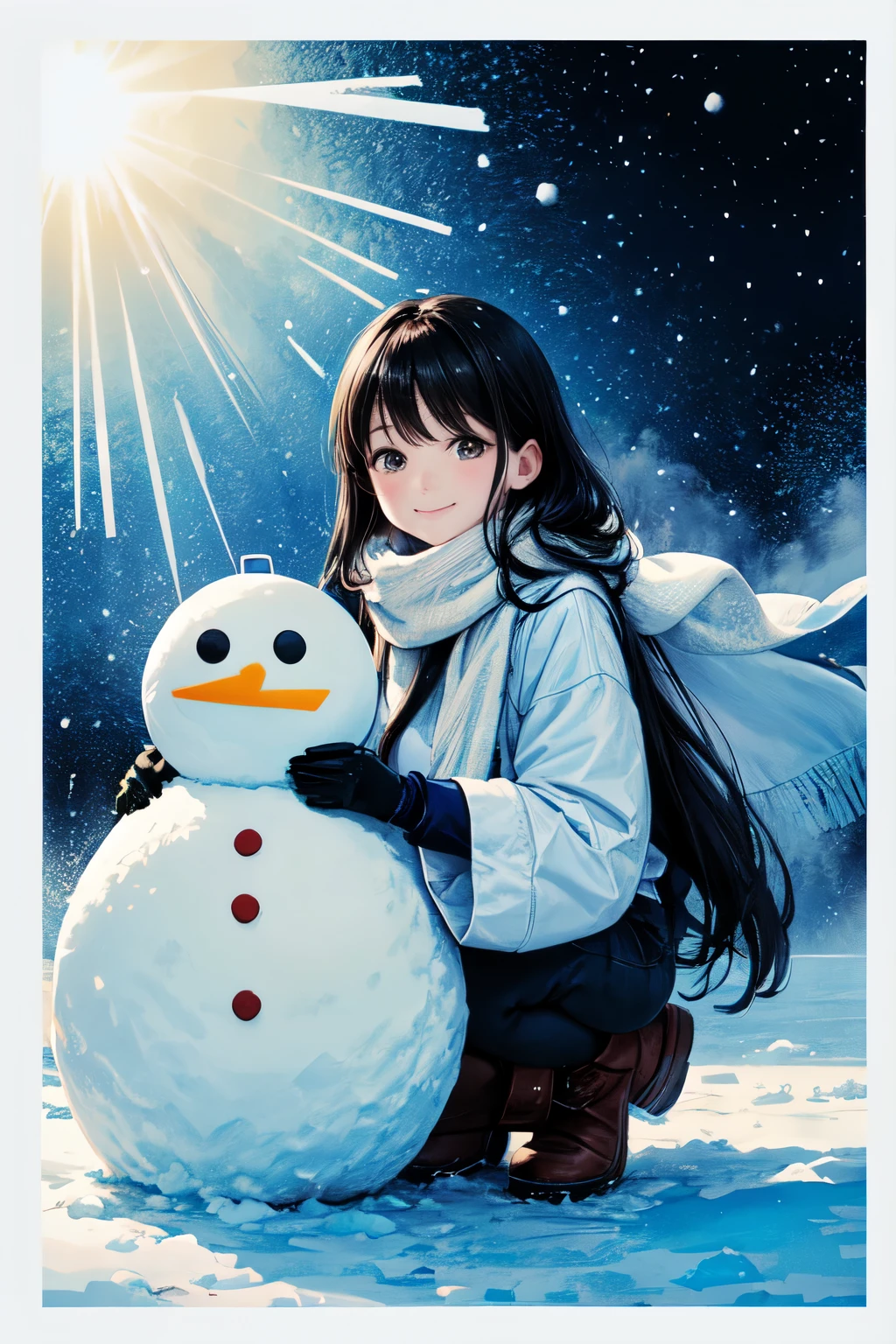A girl with long black hair and brown eyes is standing next to a snowman in a snowstorm. She is wearing a white scarf, a jacket, gloves, and snow boots. She is looking at the viewer with a happy expression. She is holding a Polaroid camera and a photo of the snowman. The image is low quality, blurry, and has a blue tint. The edges are darkened and there are light rays and lens flares. The flash of the camera is visible on the snow and the photo.