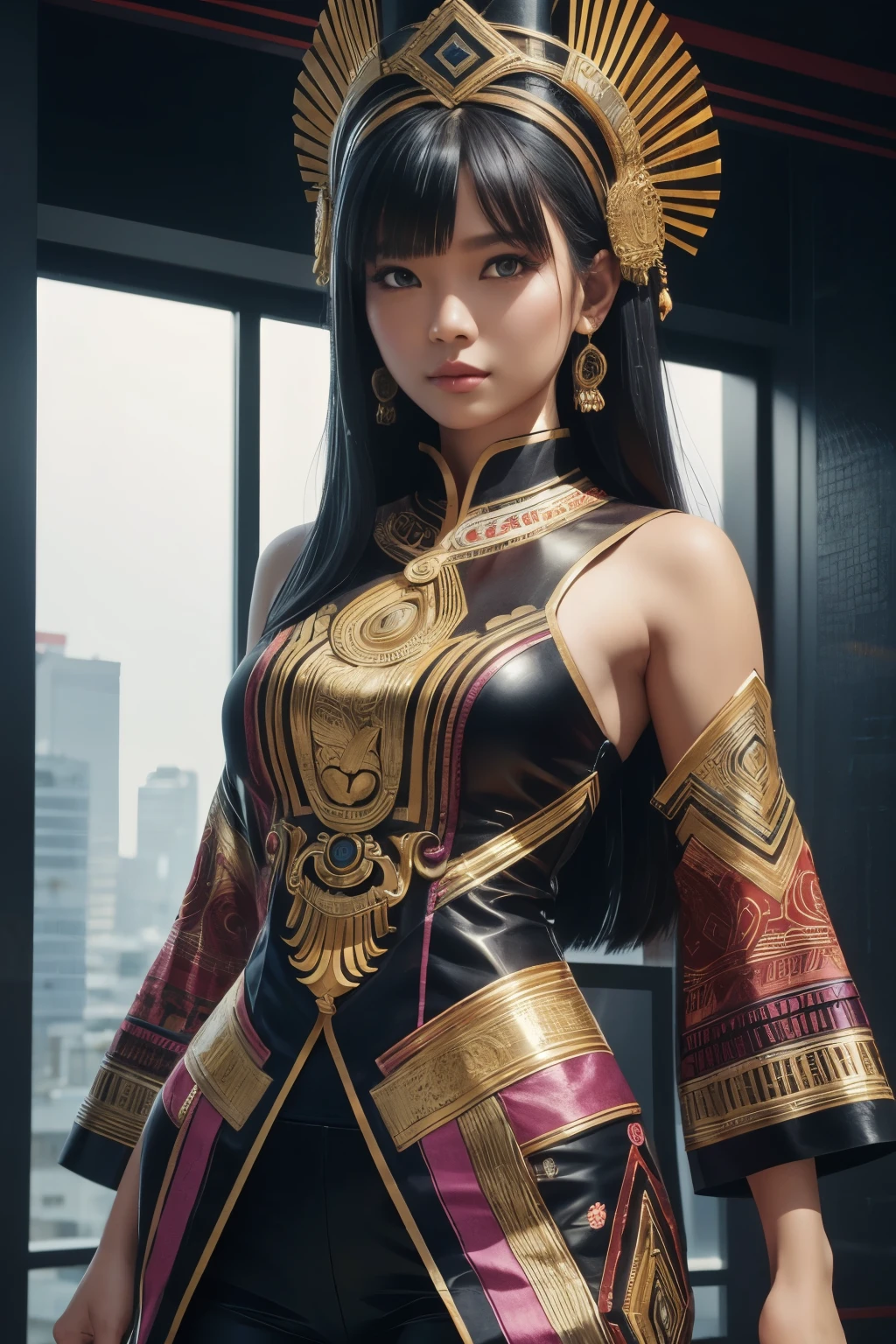 An Indonesian-styled futuristic suit worn by a girl depicting cultural fusion and modern fashion. The suit is adorned with intricate patterns and vibrant colors, showcasing the rich heritage of Indonesia. The girl stands confidently in a dynamic pose, with her detailed eyes reflecting determination and curiosity. The suit's material is a combination of traditional textiles and futuristic synthetic fabrics, giving it a unique and avant-garde appearance. The overall image quality is of the highest standard, with sharp focus and ultra-detailed rendering. The artwork employs physically-based rendering techniques, resulting in realistic lighting and shadows. The colors are vivid and vibrant, capturing the essence of Indonesian cultural aesthetics. The background features a fusion of modern architecture and traditional elements, creating a harmonious blend of the past and the future. The prompt explores the intersection of Indonesian culture, futuristic design, and the artistic representation of a confident girl.