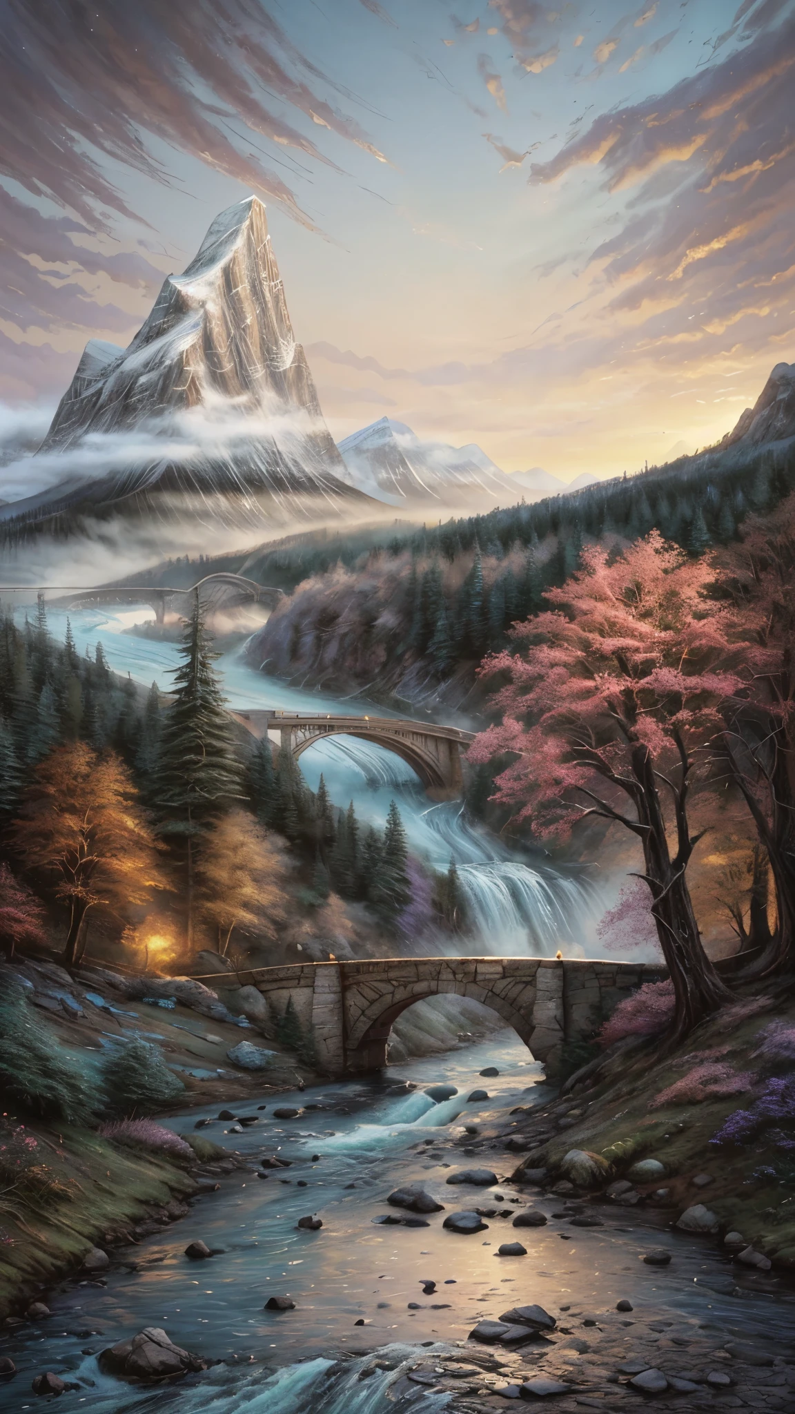 painting of a mountain landscape with a bridge and a river, beautiful art uhd 4 k, detailed painting 4 k, scenery artwork, beautiful oil matte painting, scenery art detailed, dream scenery art, fantasy art landscape, beautiful digital painting, 8k stunning artwork, fantasy landscape painting, 4 k matte thomas kinkade, thomas kinkade style painting