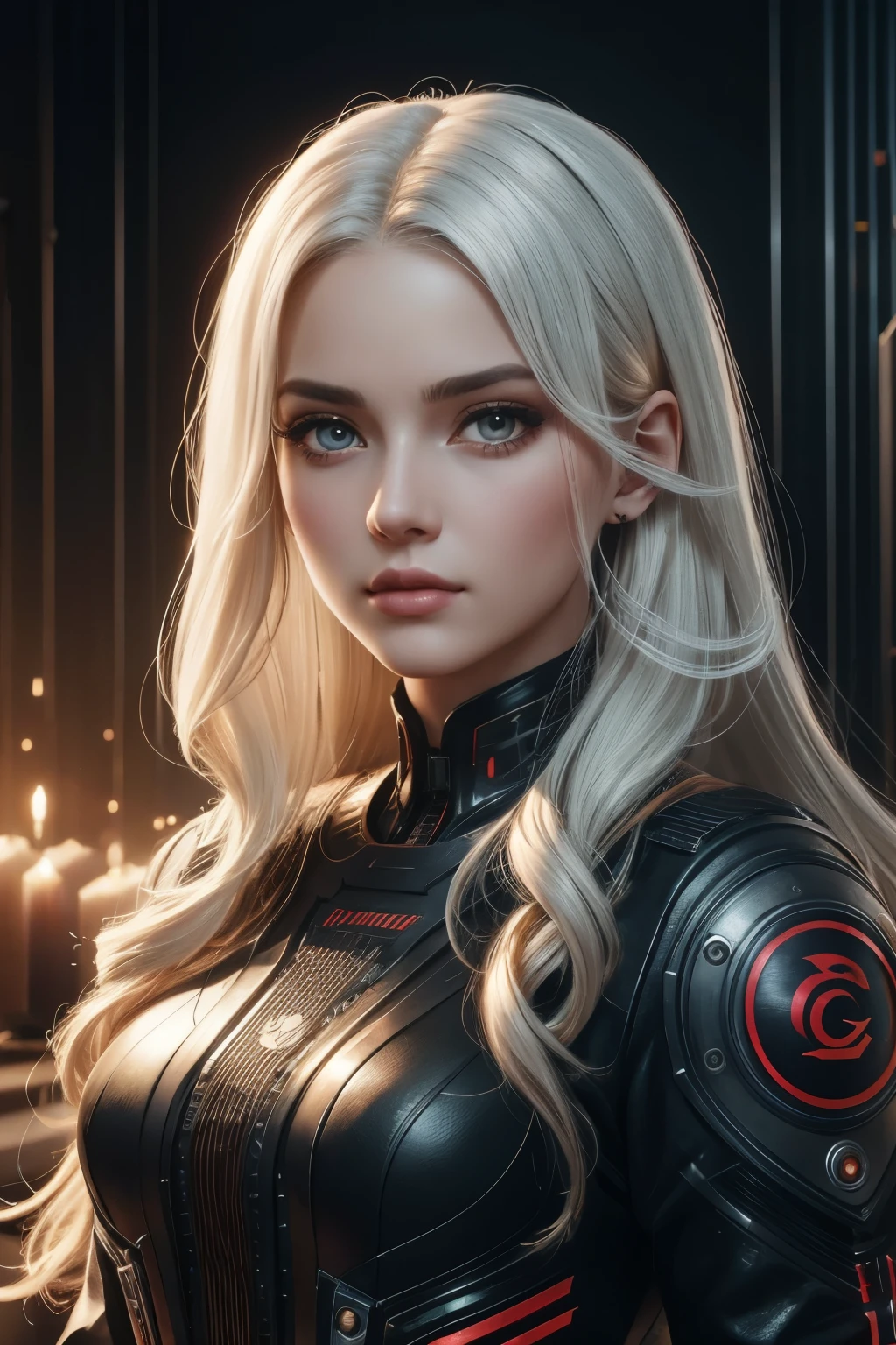 Portrait of a beautiful girl with wavy white hair, wearing a formal black dress with metal parts, red eyes, monograms in the background, digital painting, dark colors, 8k, complex details, vintage, retro futuristic style, sharp focus on the center, pastel colors, art station, (sci-fi, future, future theme), (facial expression looking with disdain), (detailed illustration)