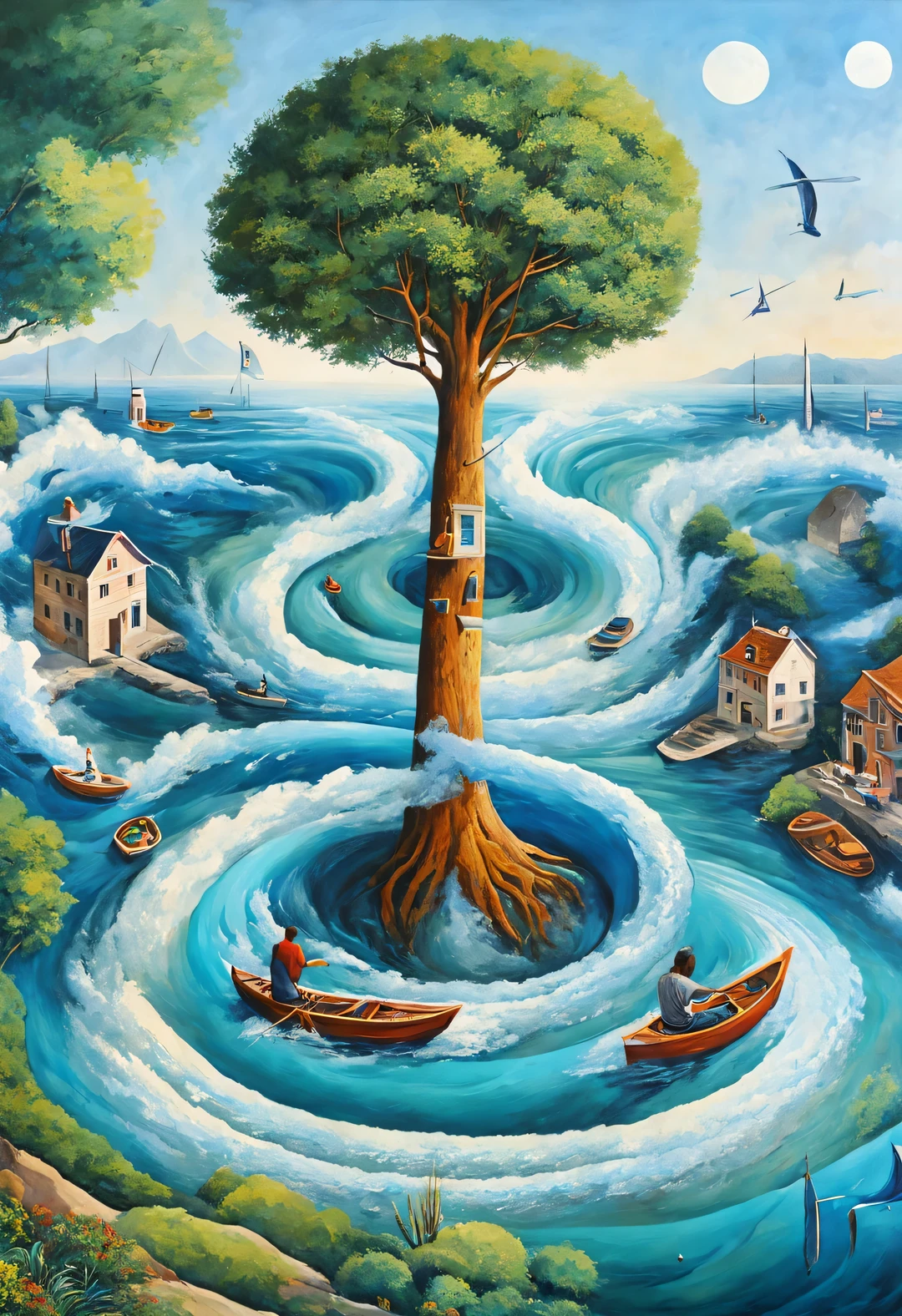 optical illusion/Optical illusion,Inception,移动或变化的重复或spiral形状,or perspective-distorted images that distort perception of depth and space,These images appear to be moving,straight lines are curved,A man kayaking on the waves, Surreal street art style, Intricate map world, Dima Dmitriev, spiral, Deng Youhong, Richard Serra, top-down perspective, top view, Klein blue, tiffany blue, maltese blue, painting, Oil