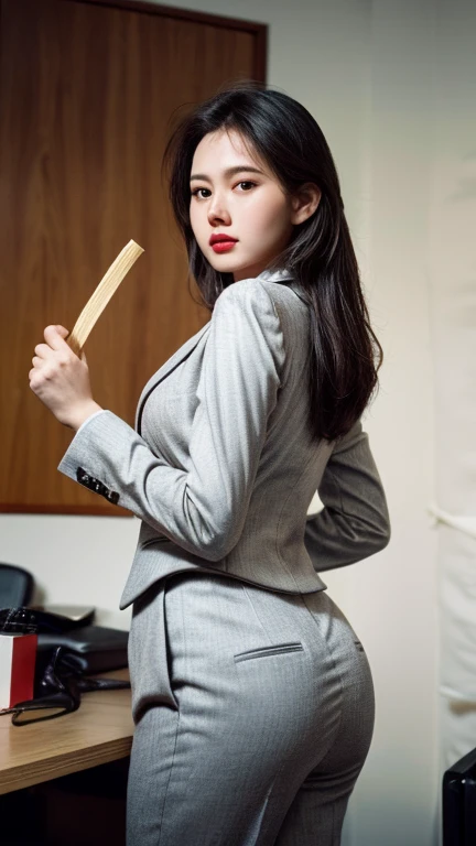 (Best quality, 8k, 32k, Masterpiece, UHD:1.2), 1girl, narrow waist, grey suit, white shirt, office lady, suit, pants, from behind, office room, desk,  (stick out one's buttocks:1.2), detailed face, 