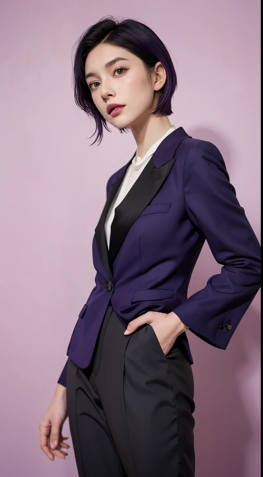 Vogue style photoshoot, Clarity, 4k, 8k, detail, actual, Beautiful Girl, wear dark pastle blazer, inner wear, pastle pants, black lips, dark and purple hair mullet haircut, Perfect body, thigh, stand, pose standing, medium chest, Wes Anderson style, pastle color background in Wes Anderson style